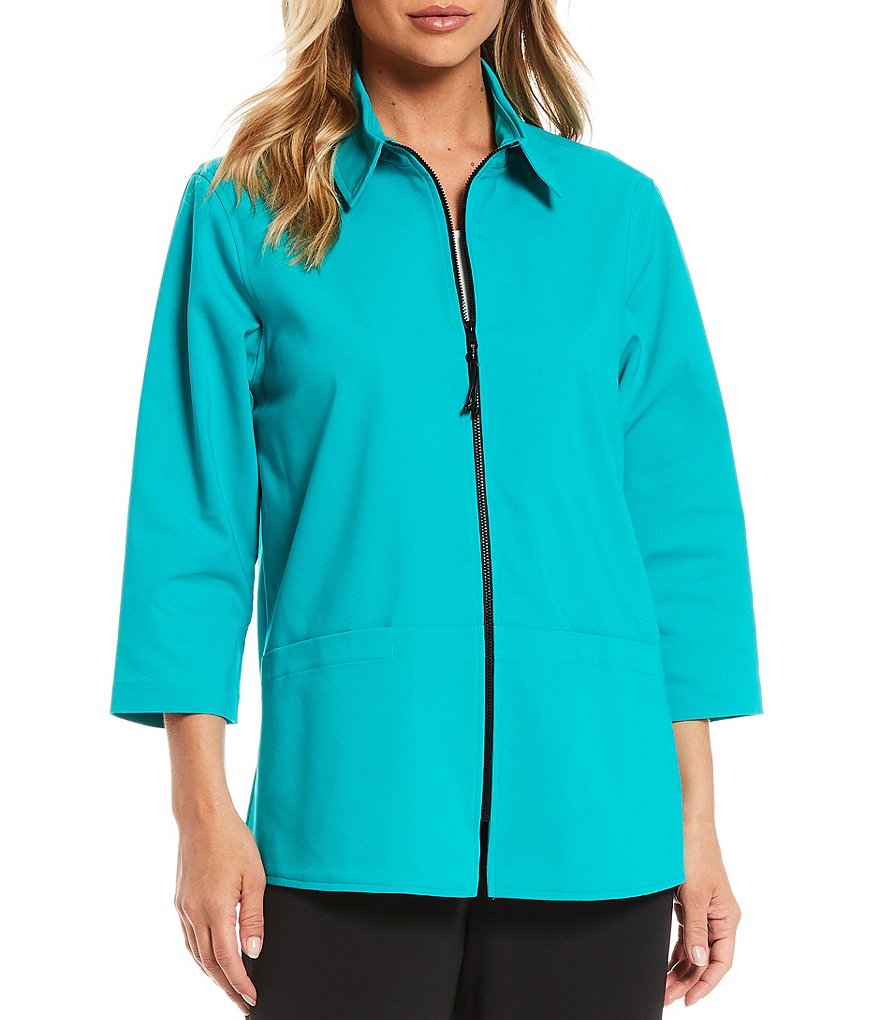 Caroline Rose Summer Stretch Zip Front Stretch Cotton Blend Pocket Jacket