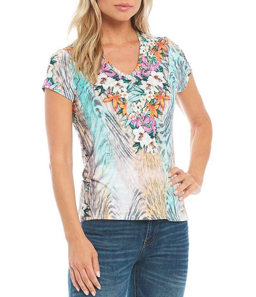 Reba Studded Mix Print V-Neck Short Sleeve Tee