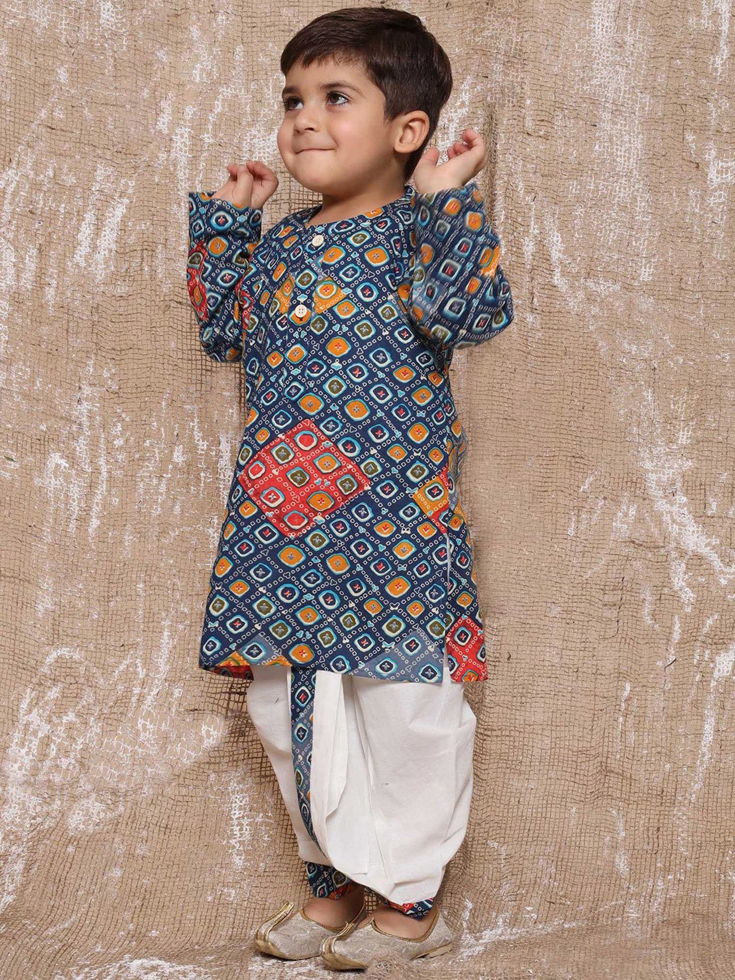 AJ Dezines Kids Navy & White Printed Full Sleeves Kurta with Dhoti