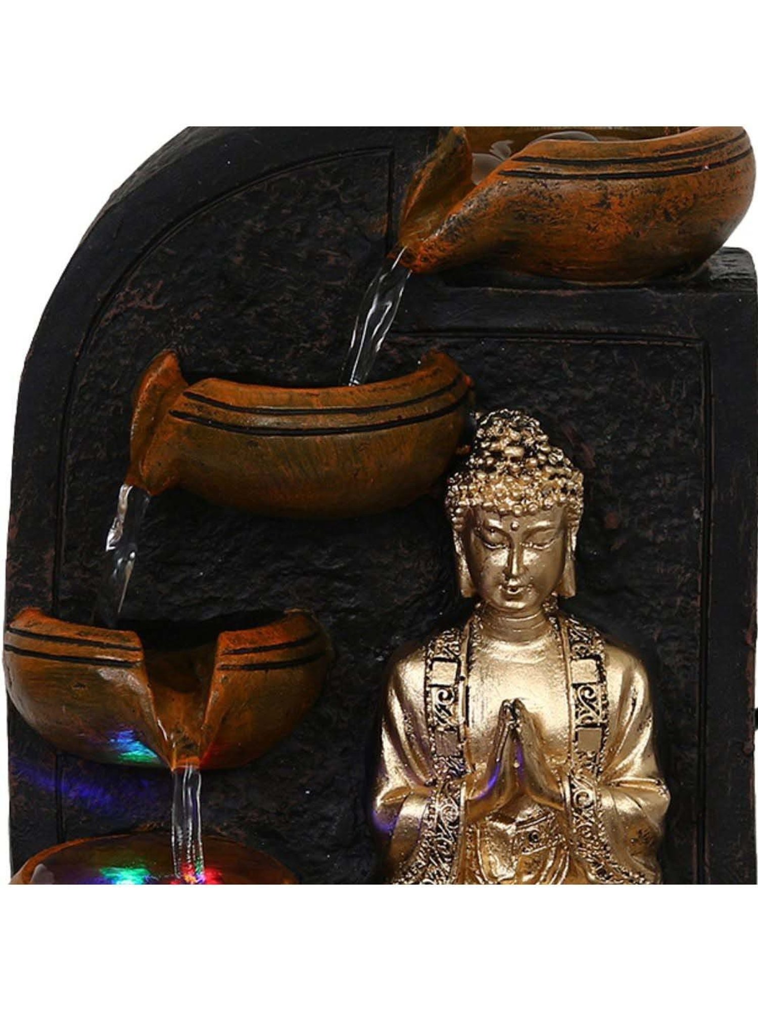 CHRONIKLE Brown & Golden Polyresin Namaskara Mudra Buddha 3 Steps Waterfall Fountain