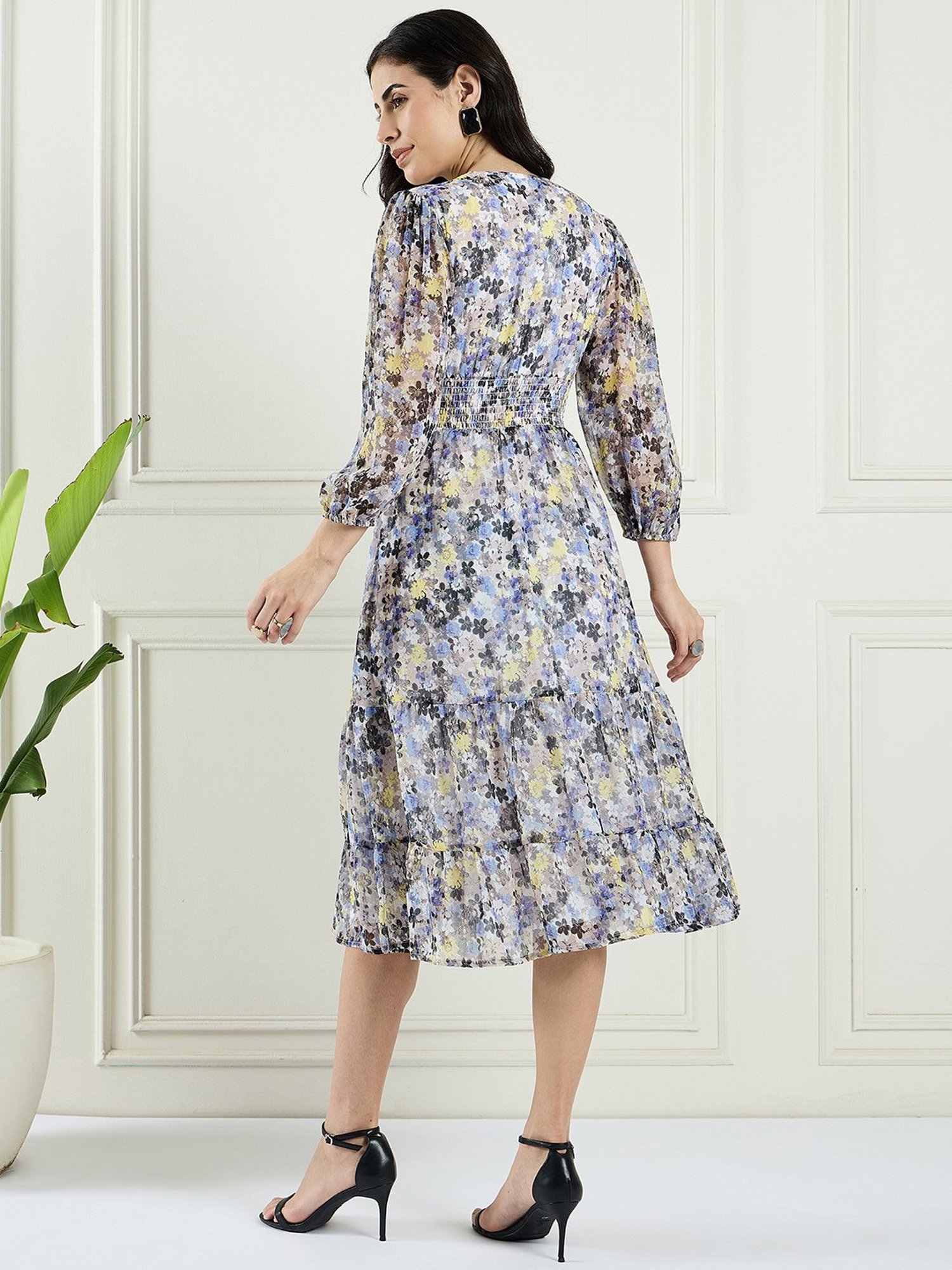 Magre Blue Floral Print Fit & Flare Dress