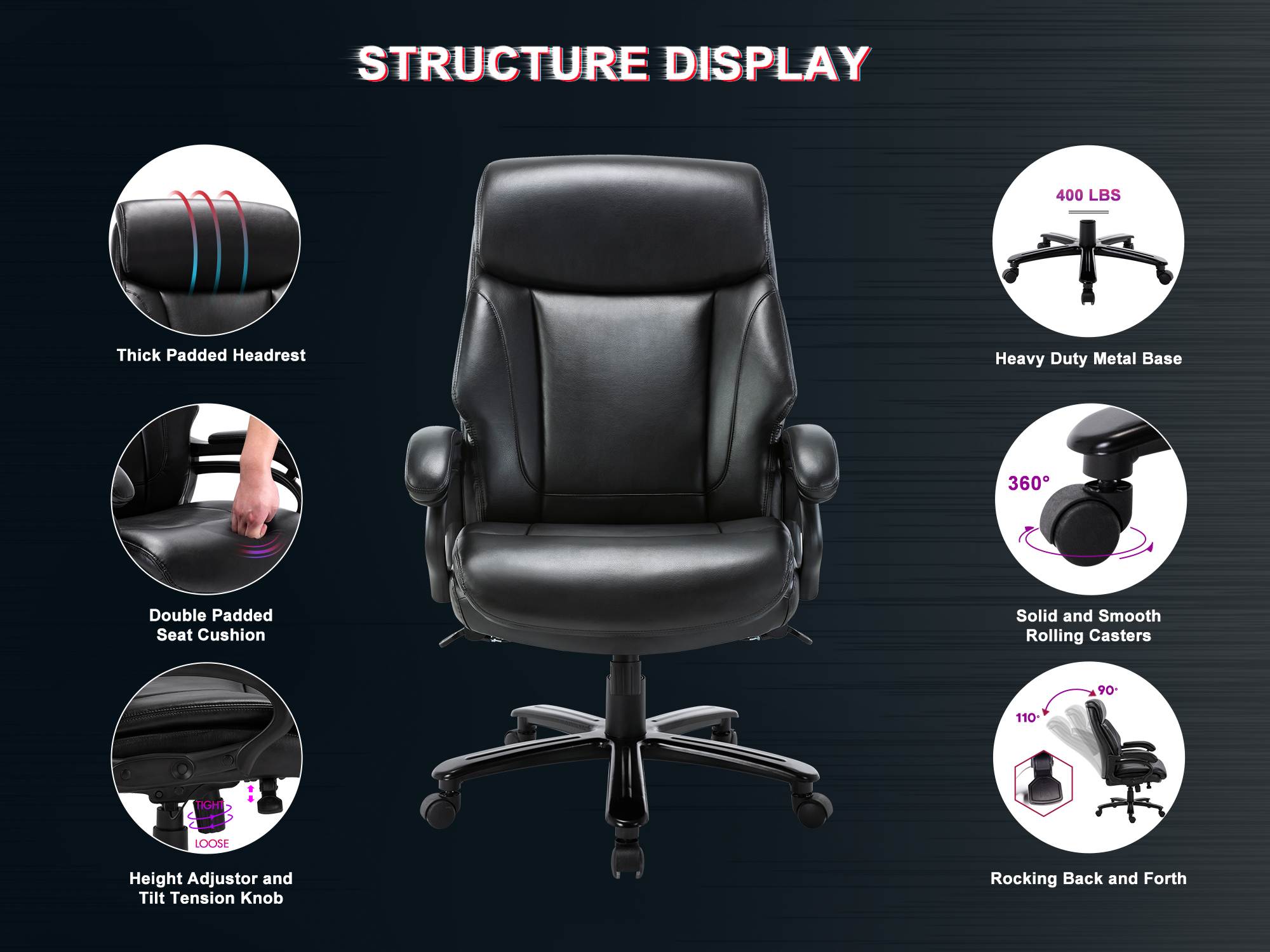 High Back Big & Tall 400lb Ergonomic Bonded Leather Office Chair - Executive Desk Computer Swivel Chair - Heavy Duty Metal Base, Adjustable Tilt Angle with Lumbar Support