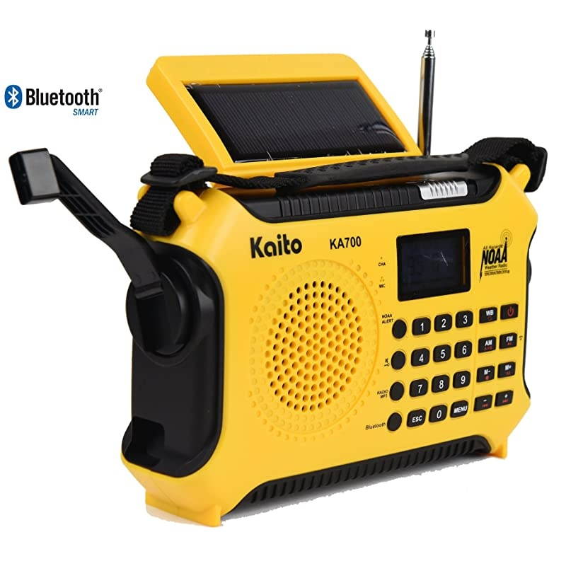 KA700 Bluetooth Emergency Hand Crank Dynamo Solar Powered AM FM Weather Band Radio with Recorder and MP3 Player Rugged Design for Hiking Camping Construction Sites EtcYellow