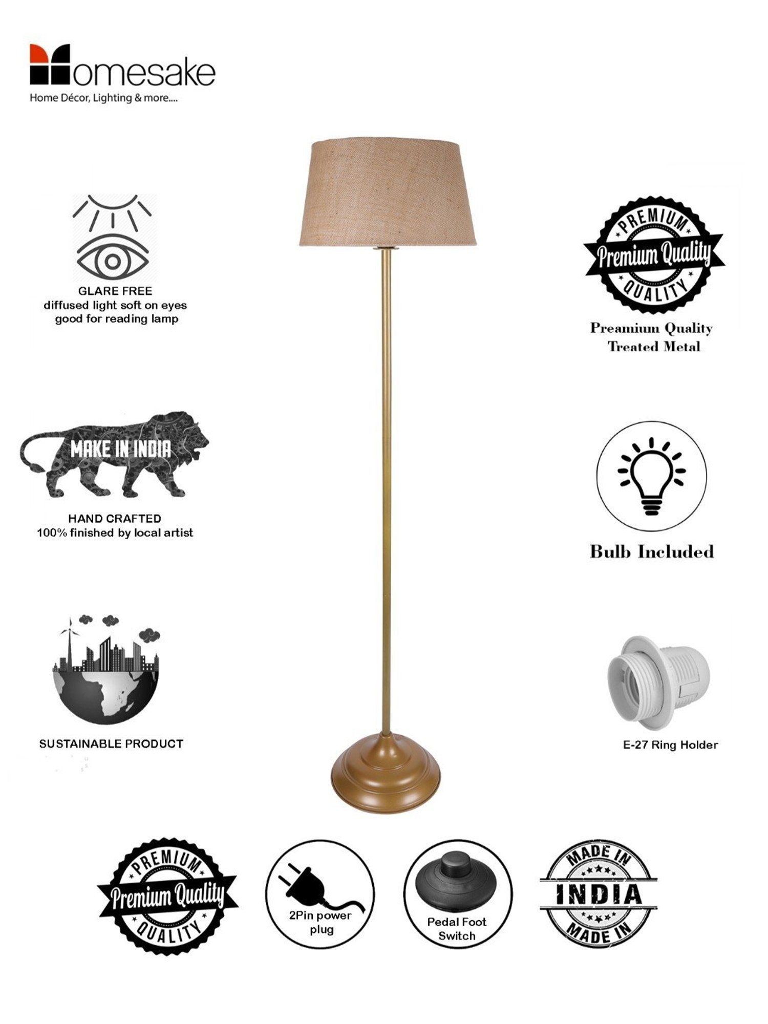 Homesake Beige & Golden Metal Standing Floor Lamp with Bulb and Floor Switch (Iron Legs)