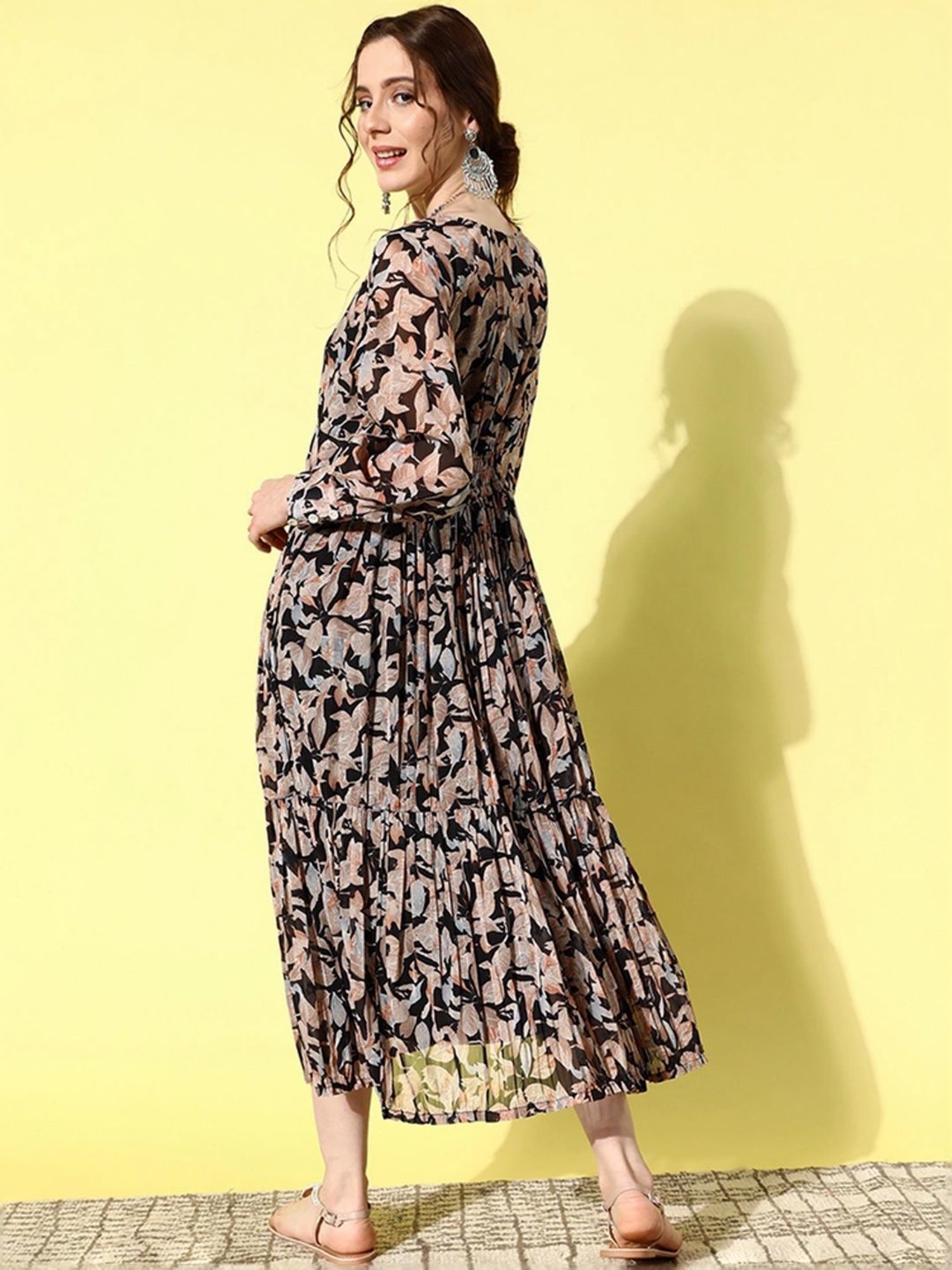 Saffron Threads Black Cotton Floral Print Ethnic Dress