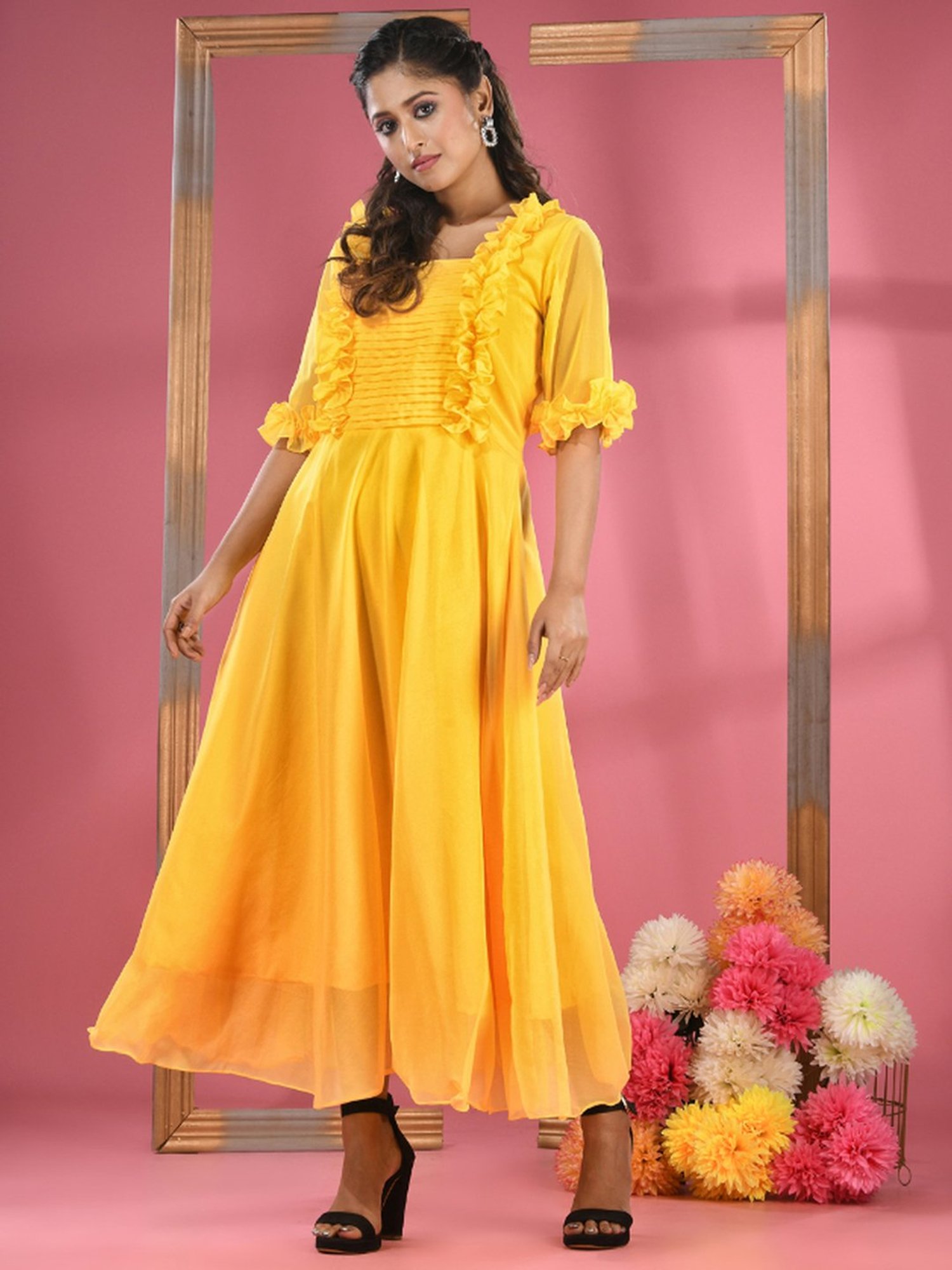 Saffron Threads Black Cotton Floral Print Ethnic Dress