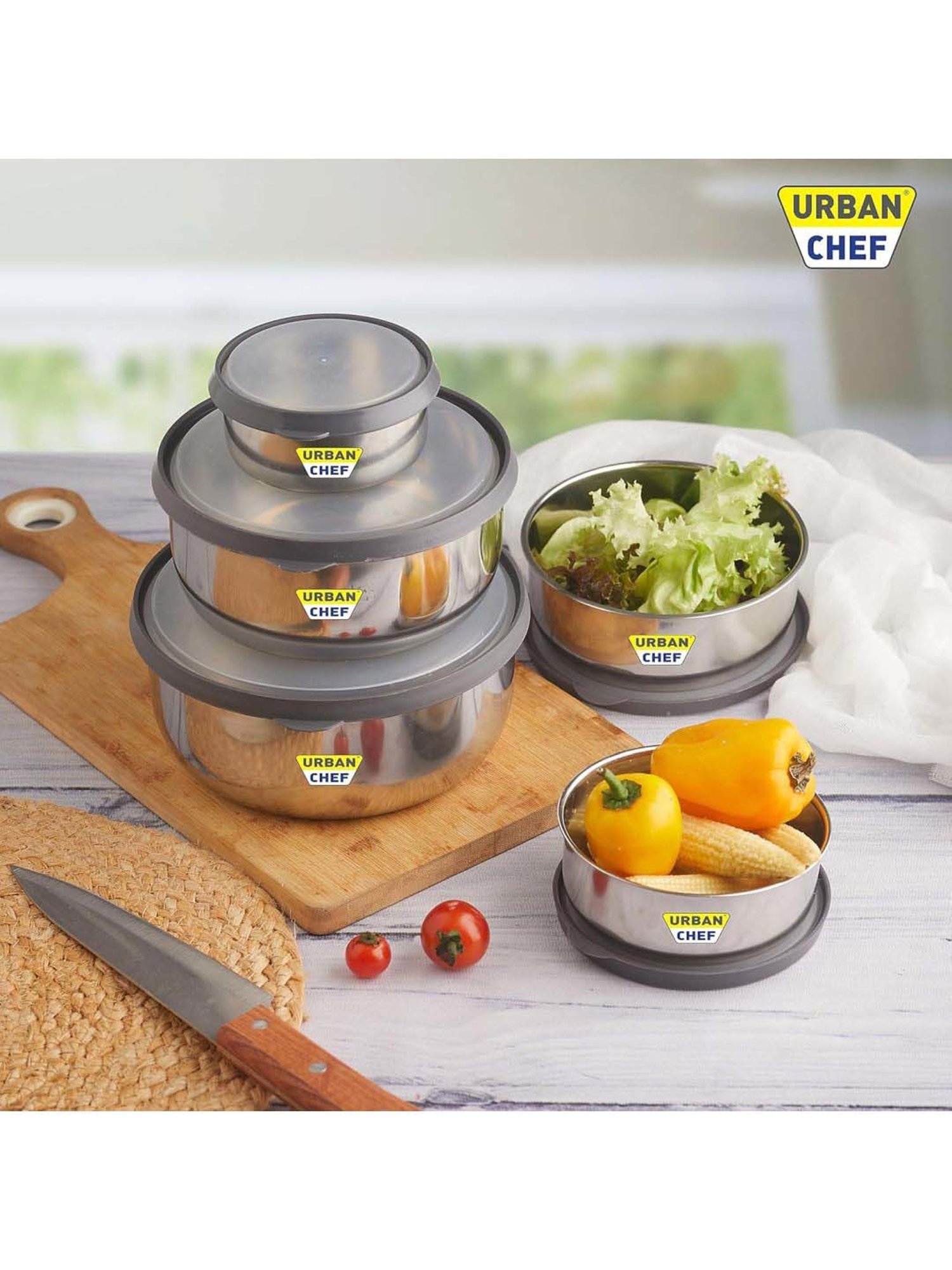 Urban Chef Transparent Stainless Steel Fresca Push & Lock Bowl Storage Set With Lid - Set of 5