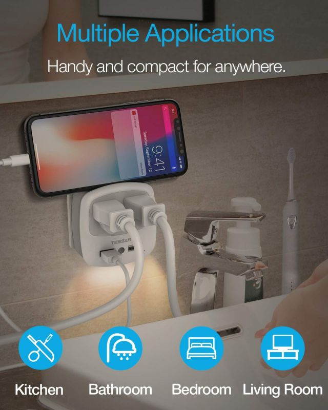 USB Outlet Plug Extender, TESSAN Power Outlet Expander with USB Wall Charger and Night Light Adapter for Travel Cruise Essentials, Mini Phone Charger with Multiple Outlet Splitter