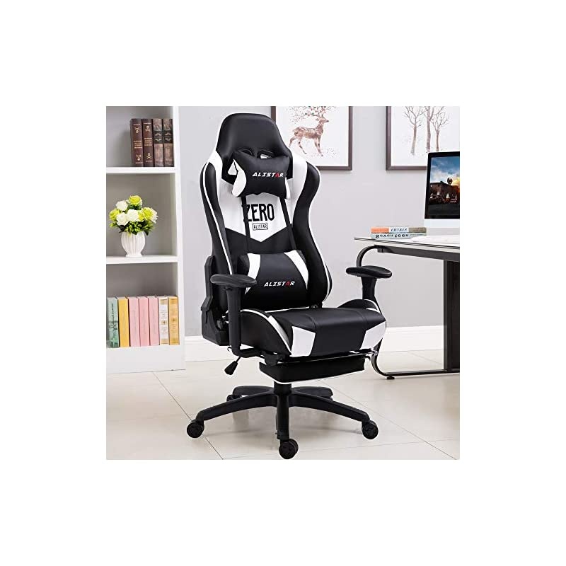 Gaming Chair Racing Office Chair High Back Computer Desk Chair PU Leather Chair Ergonomic and Executive Swivel Chair with Footrest Headrest and Lumbar Massage Support (AL-6019-PINK)