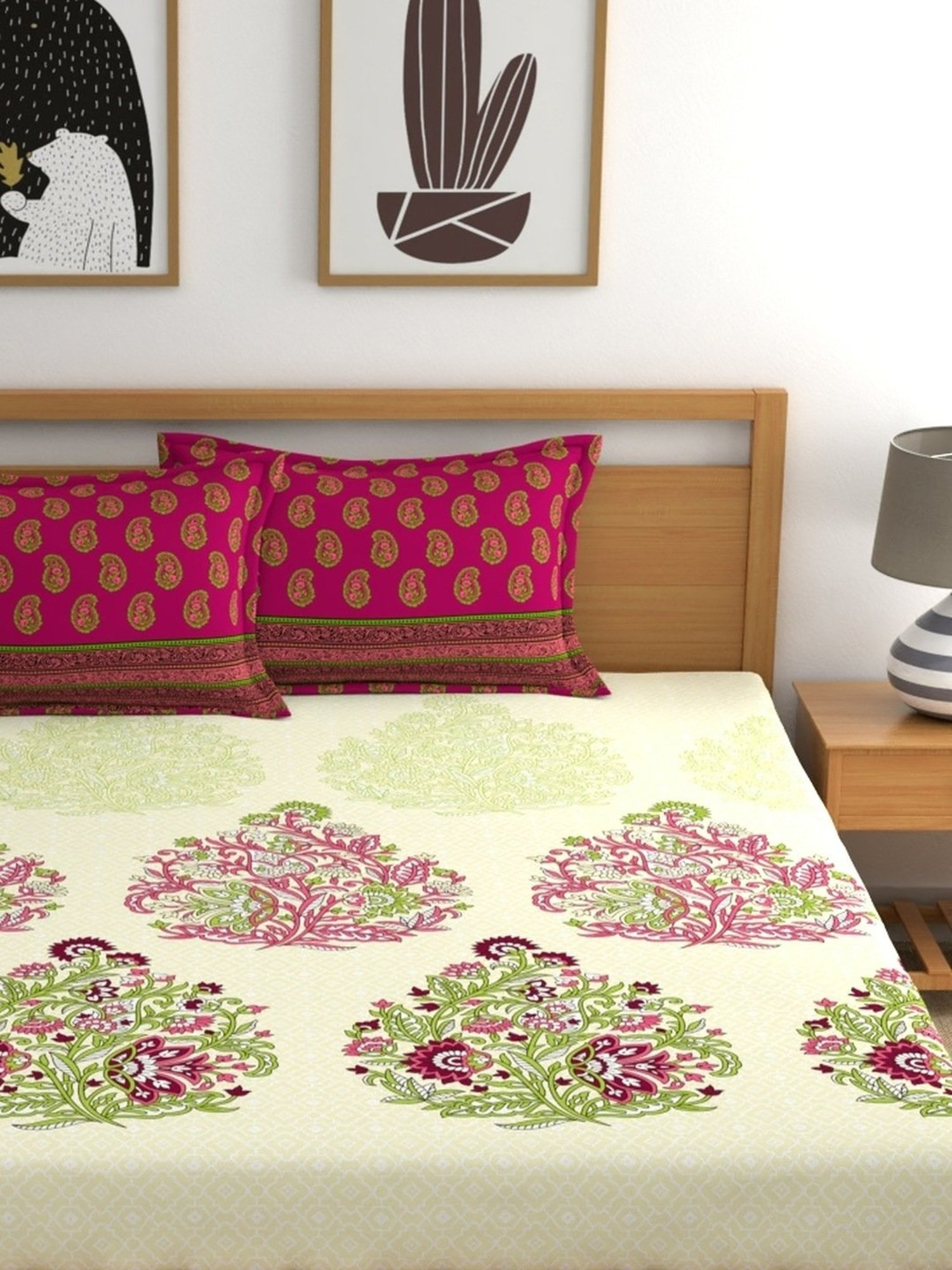 My Room Floral Dark Pink & Biege 140 TC Cotton Fitted King Bed Sheet with 2 Pillow Covers