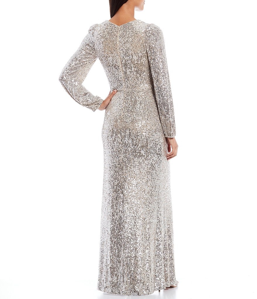 Xscape Long Sleeve Allover Sequin Lace Front Slit Waist Ruch Detail Sheath Dress