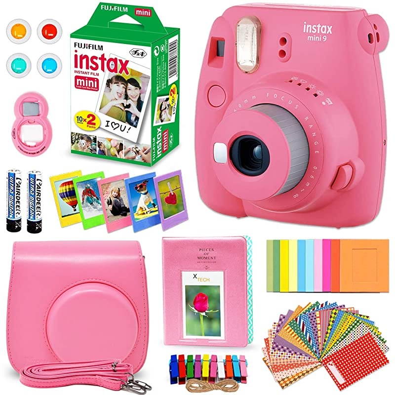 Instax Mini 9 Instant Camera Flamingo Pink + Fuji INSTAX Film (20 Sheets) + Custom Camera Case + Instax Album + 60 Colorful Stickers + 20 Emoji Stickers + Fun Frames + Colored Filters + More