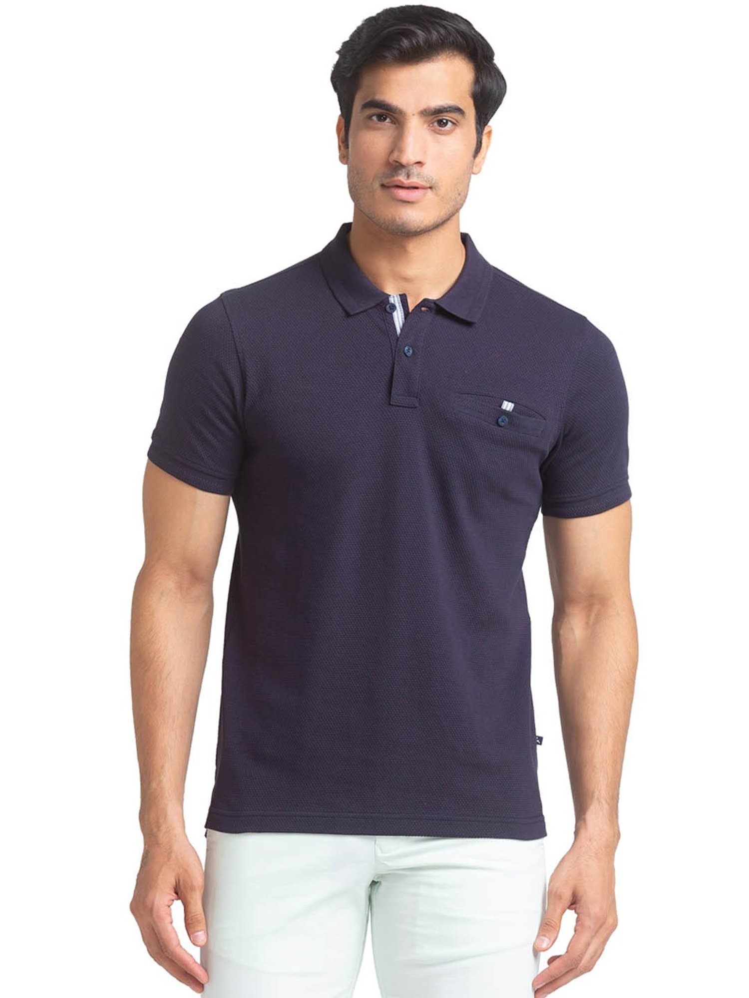 Parx Dark Blue Cotton Regular Fit Self Pattern Polo T-Shirt