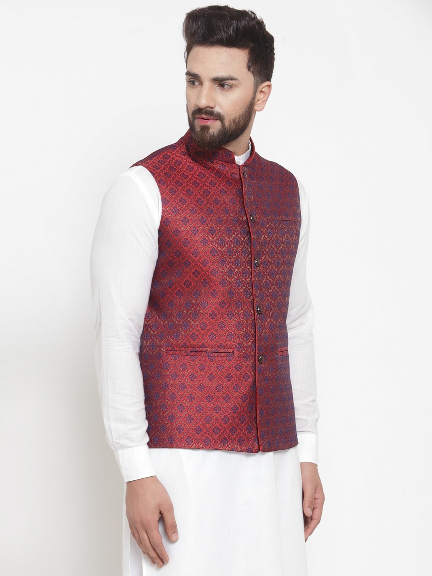 Treemoda Maroon Regular Fit Self Pattern Nehru Jacket