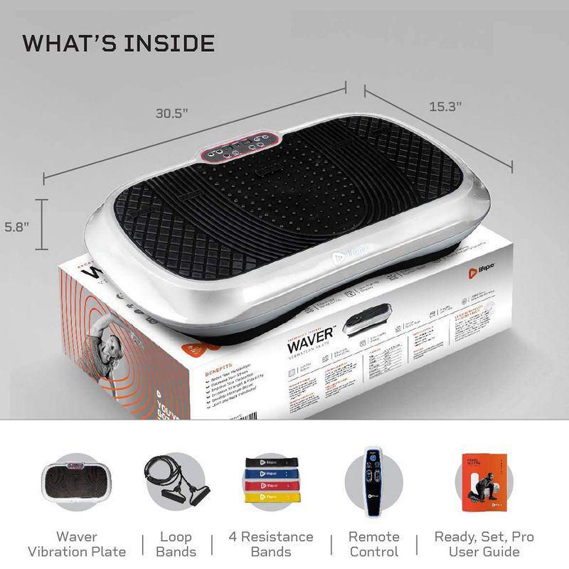 Lifepro Portable Home Body Weight Training Fitness Exercise Workout Waver Vibration Plate Platform Equipment Machine Set with Resistance Bands, White