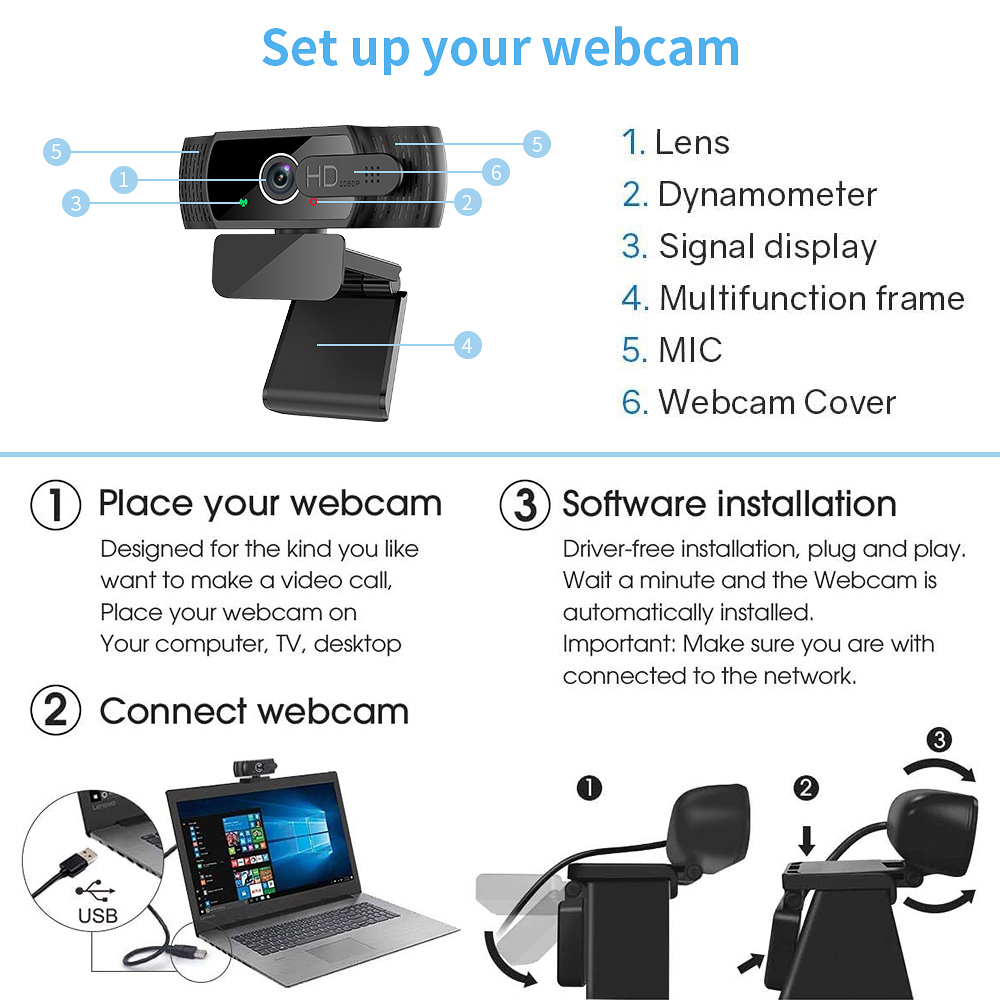 TROPRO TW5 1080P Webcam with Microphone, Full HD PC / Laptop Web Camera with Tripod, Automatic Light Correction, USB 2.0 Plug & Play for Live Streaming, Video Calls, Online Lessons, Conference, Games