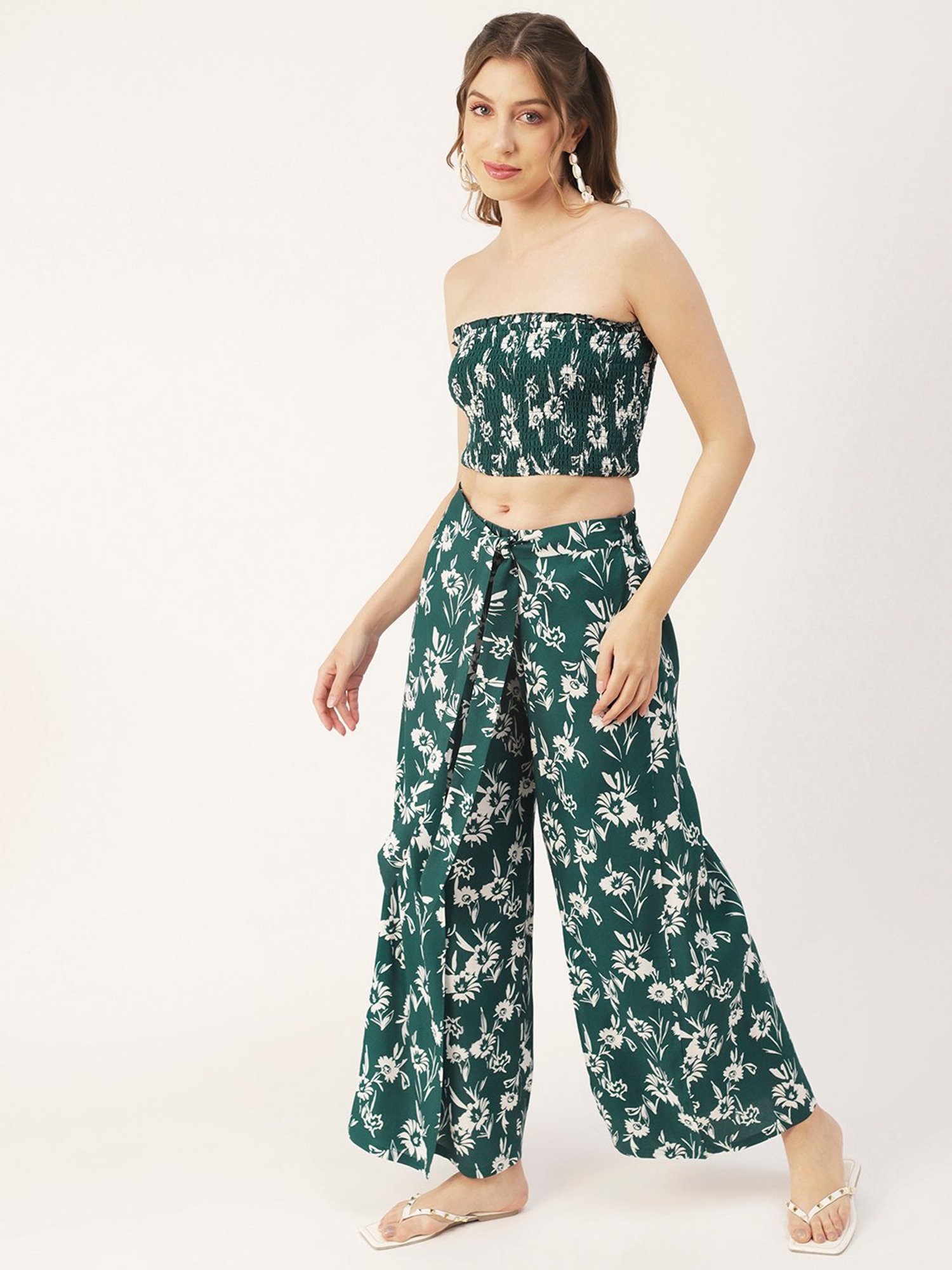 Moomaya Teal Floral Print Crop Top With Palazzos