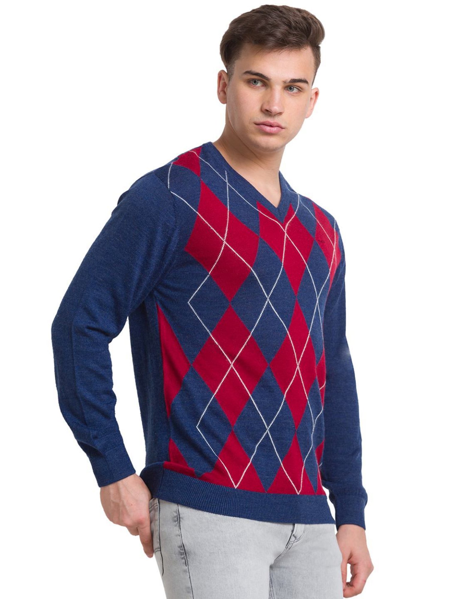 ColorPlus Blue Tailored Fit Self Pattern Sweater