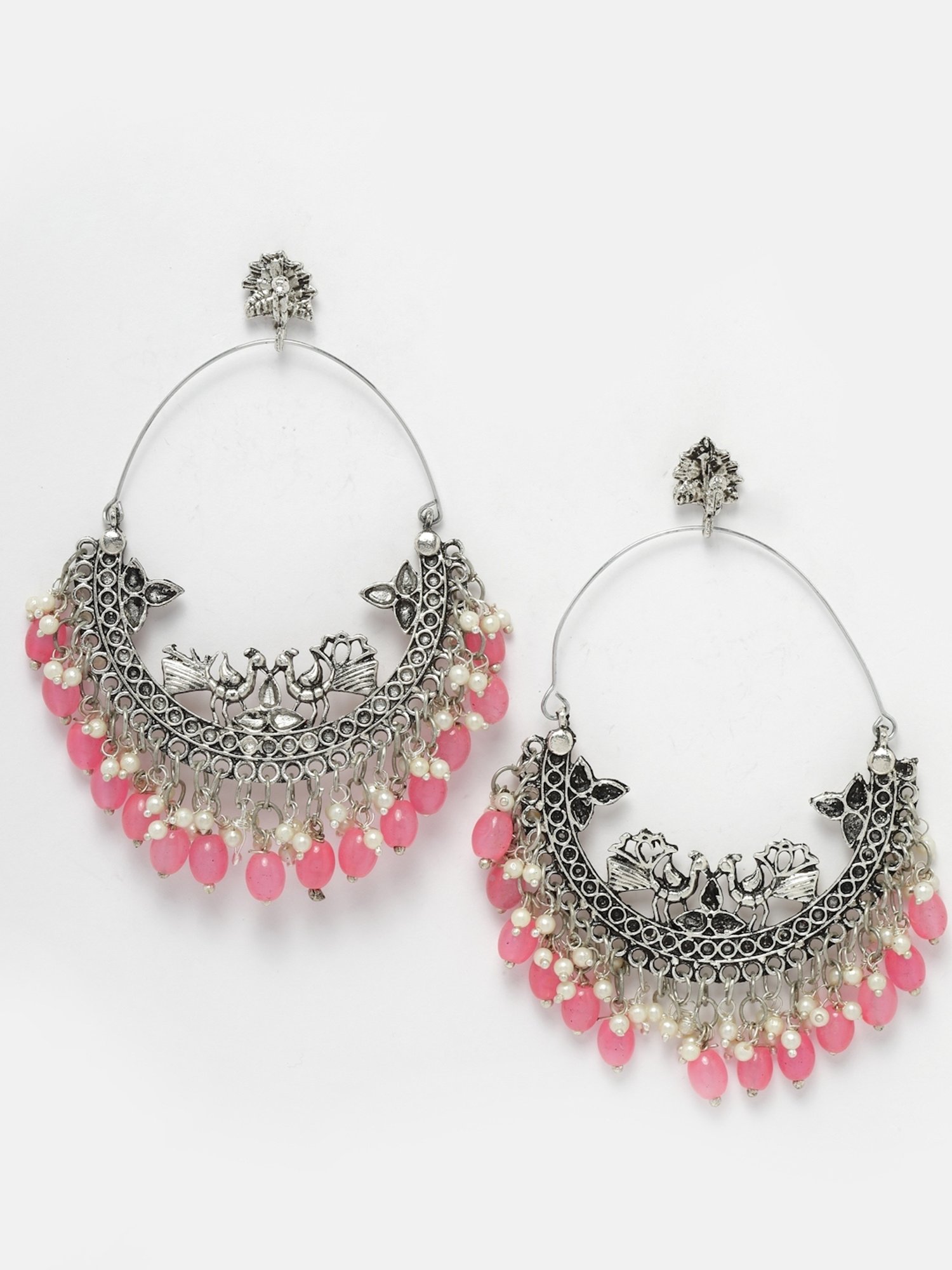 Moedbuille Handcrafted Pink Pearl Filigree Work Silver-Plated Antique Tassel Chand Bali Earrings