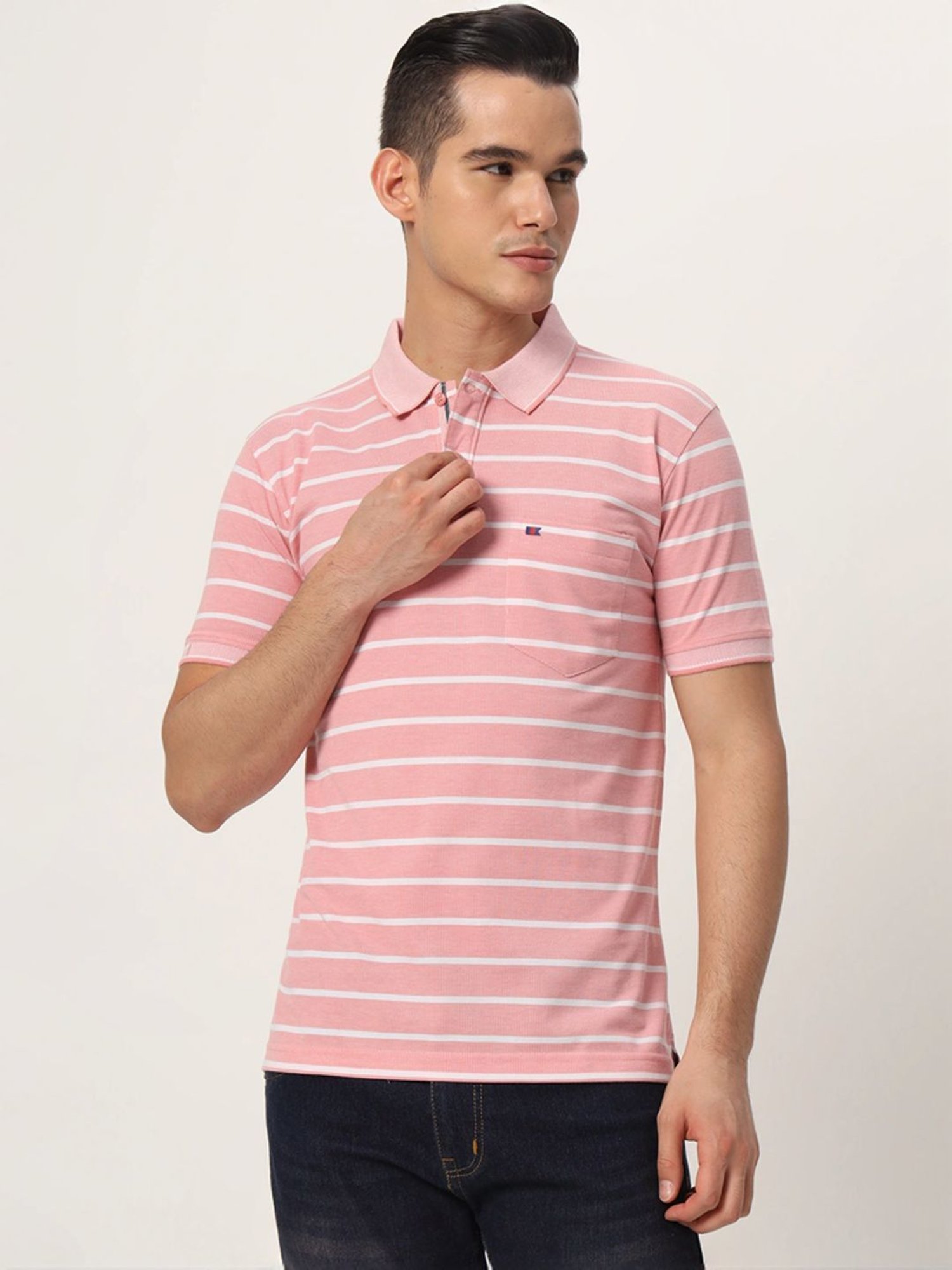 Tab91 Pink Regular Fit Striped Polo T-Shirts