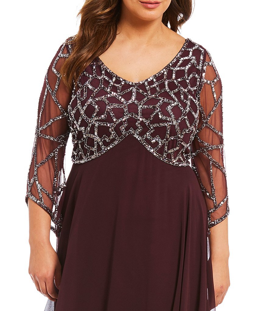 Jkara Plus Sequined V-Neck 3/4 Sleeve Gown