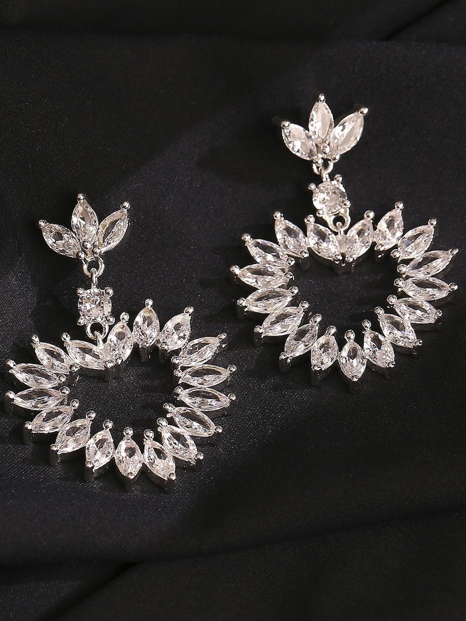 Lilly & Sparkle Brass Rhodium Plated CZ Stone Studded Heart Shape Dangler Earrings