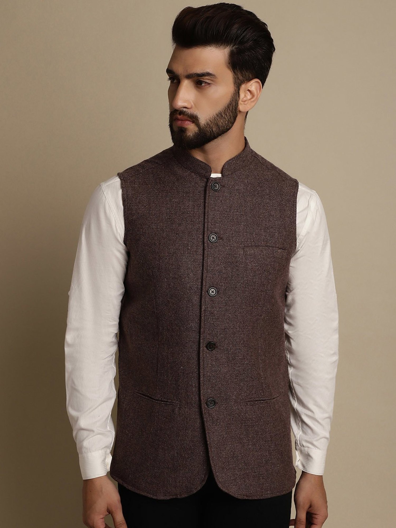 Even Brown Regular Fit Mandarin Collar Nehru Jacket
