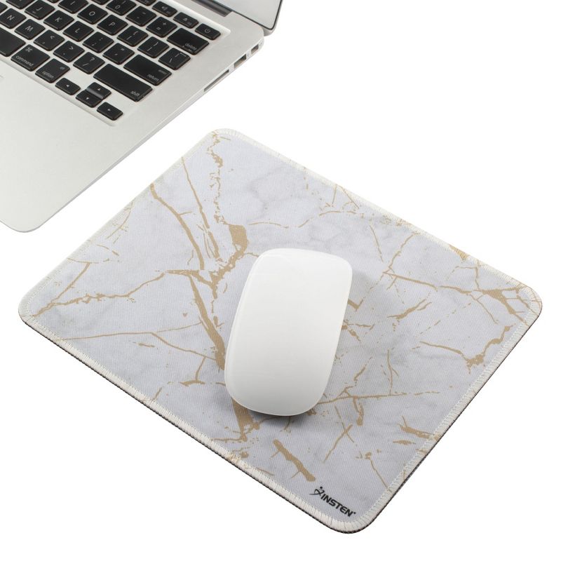 Insten Shiny Marble Gaming Mouse Pad with Stitched Edge, Water-Resistant, Non-Slip Rubber Base, White, 9.45 x 7.48 in