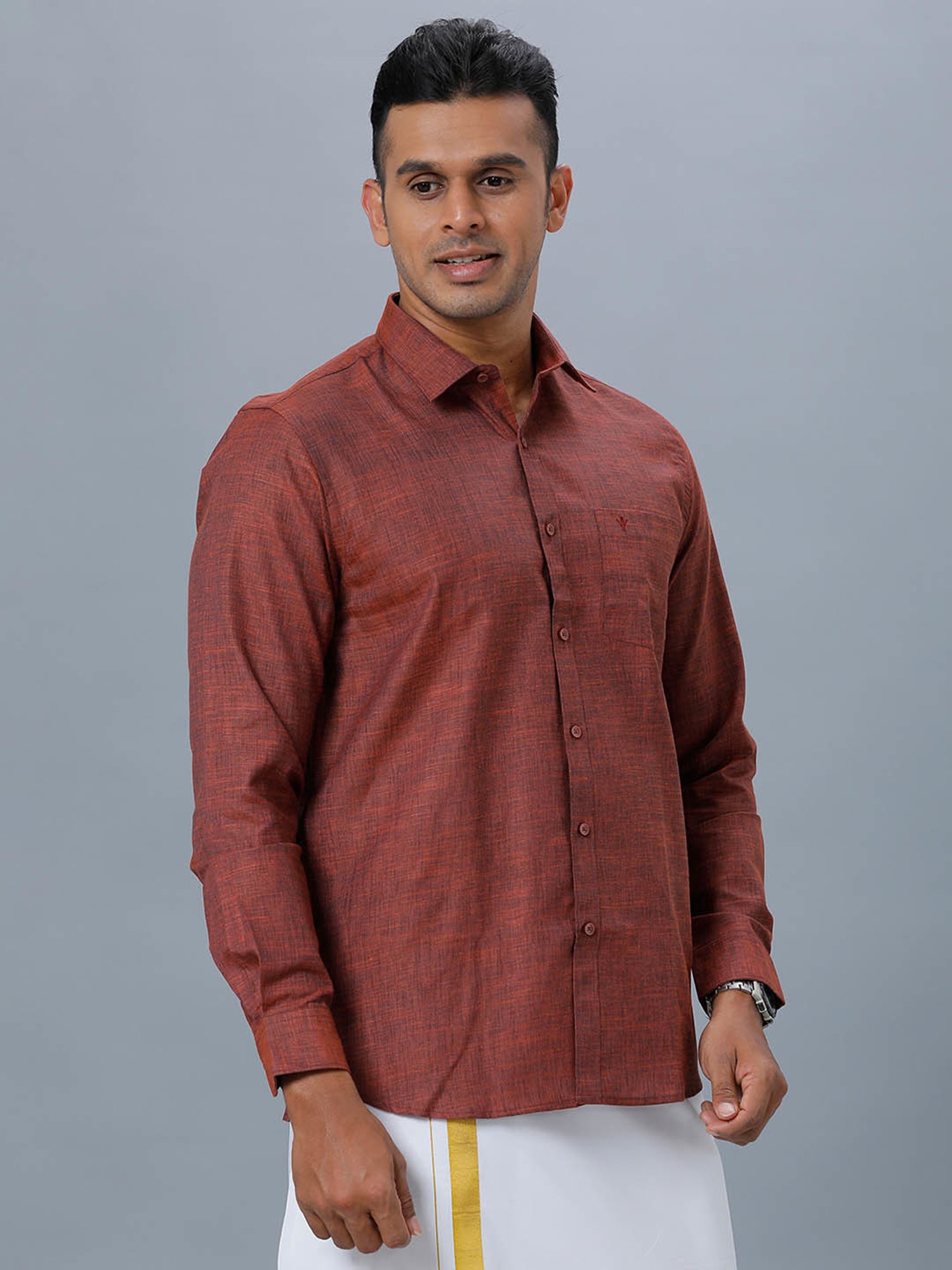 Ramraj Maroon Cotton Regular Fit Shirt