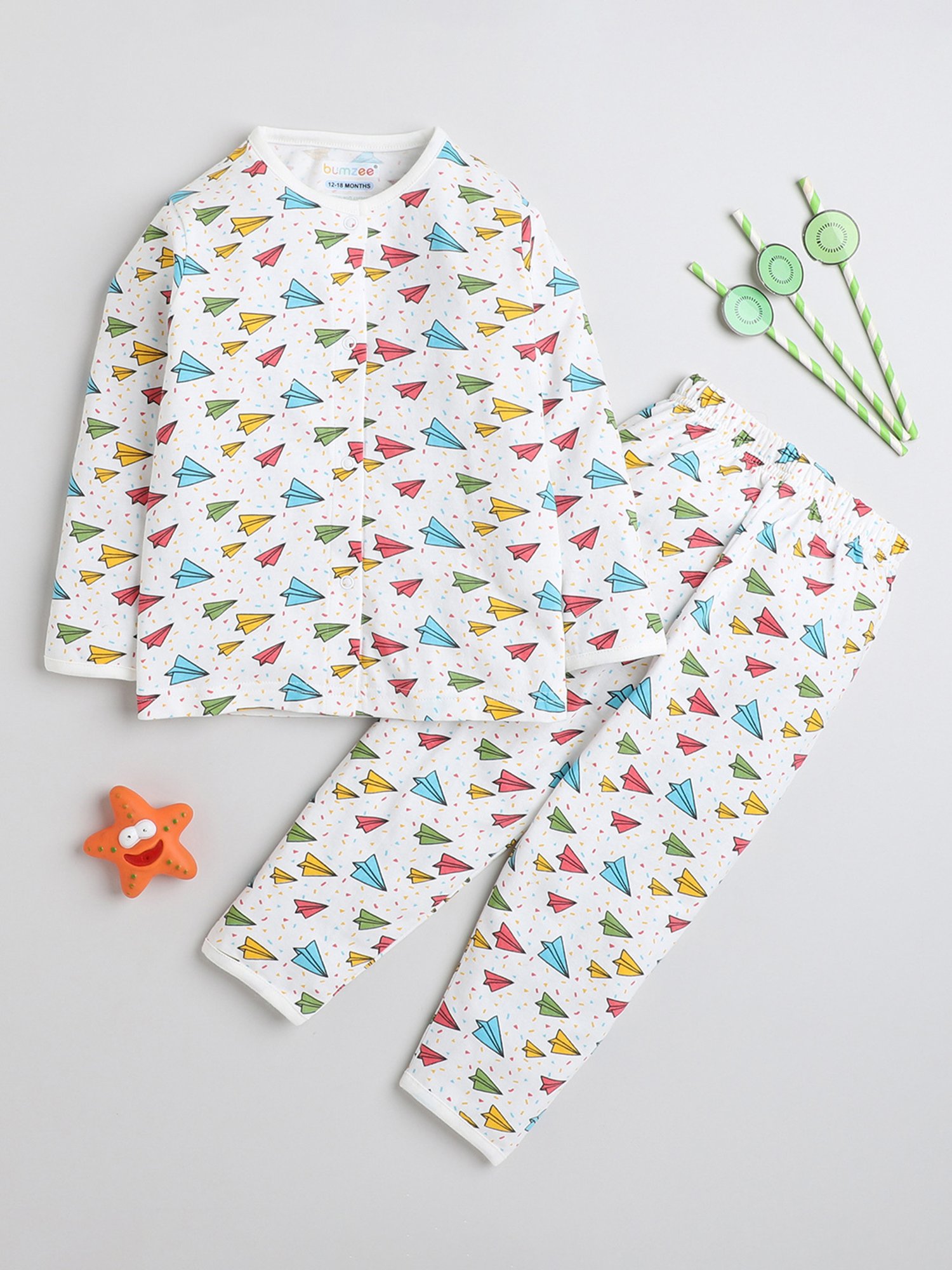 Bumzee Girls White Printed Full Sleeves Shirt with Pyjamas