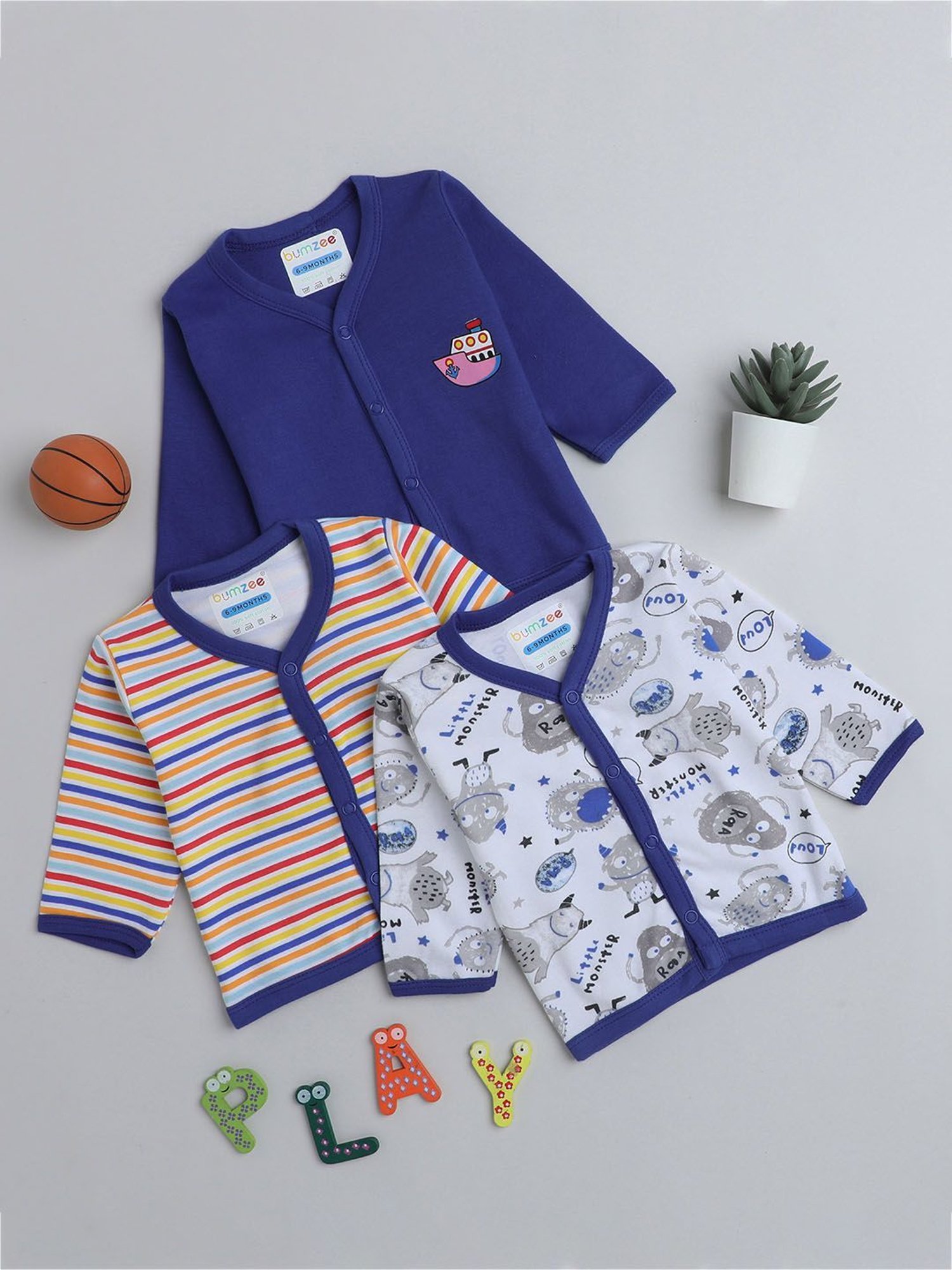 Bumzee Kids Multicolor Printed Full Sleeves Jhablas (Pack Of 3)