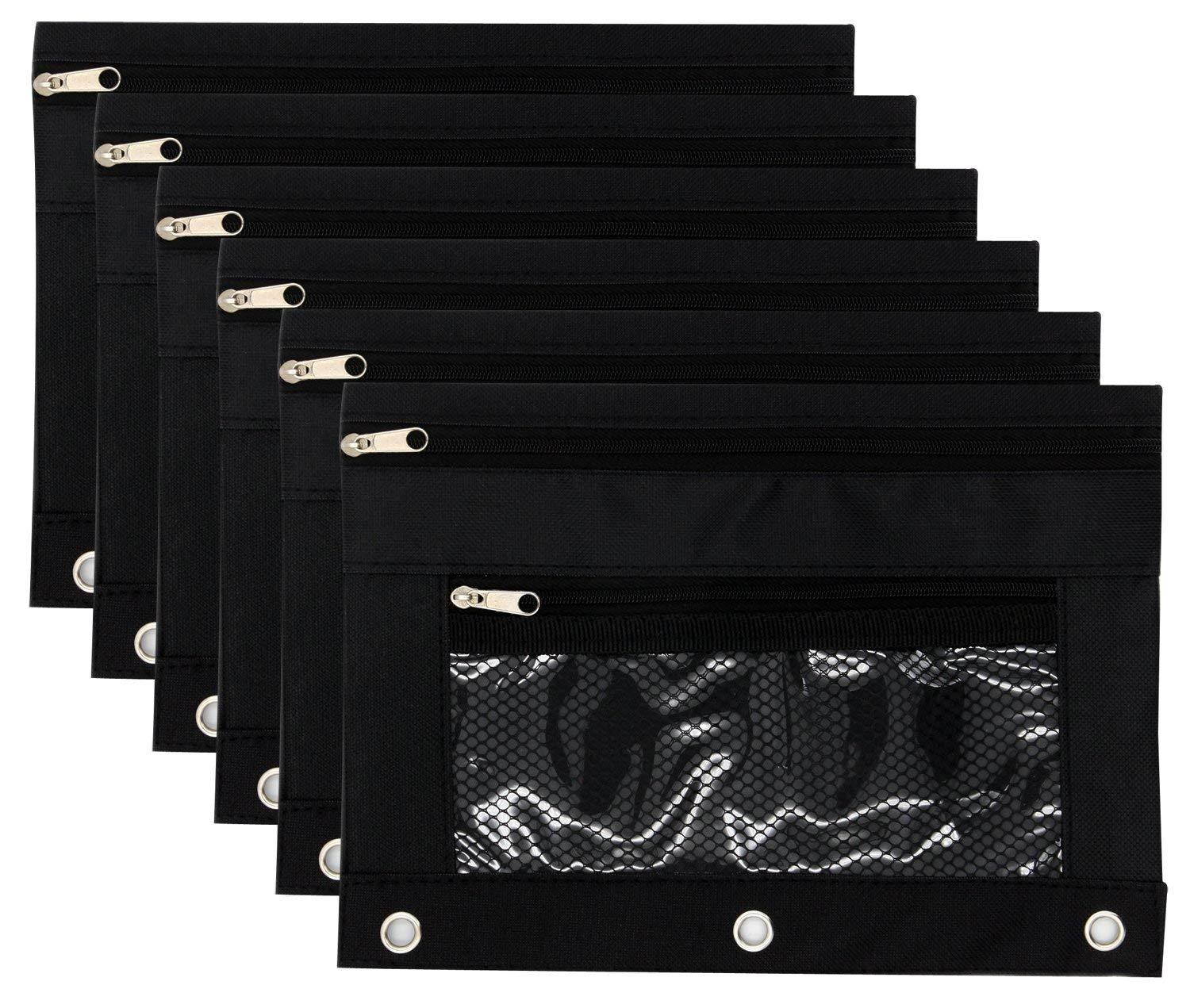 Pencil Case Pencil Pouch Zipper with 3 Ring and Double Pocket and Mesh Window(Black,6 Pack)
