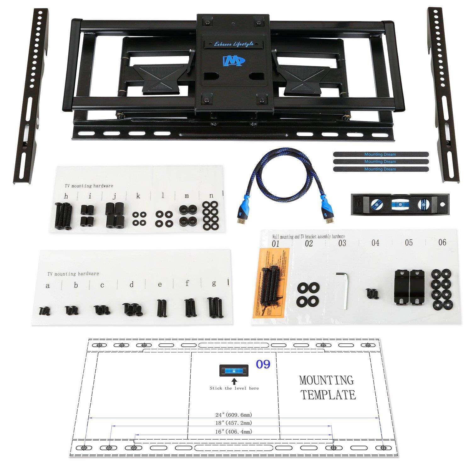Mounting Dream Premium Full Motion TV Wall Mount Bracket Fits 16, 18, 24 inch Wood Stud Spacing, TV mount with Articulating Arm for 42-75 Inch LED, LCD, Plasma TV up to VESA 600x400mm, 132 lbs MD2298