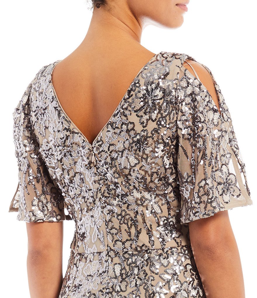 Alex Evenings Sequin A-Line Flutter Cold Shoulder Sleeve V-Neck Long Gown