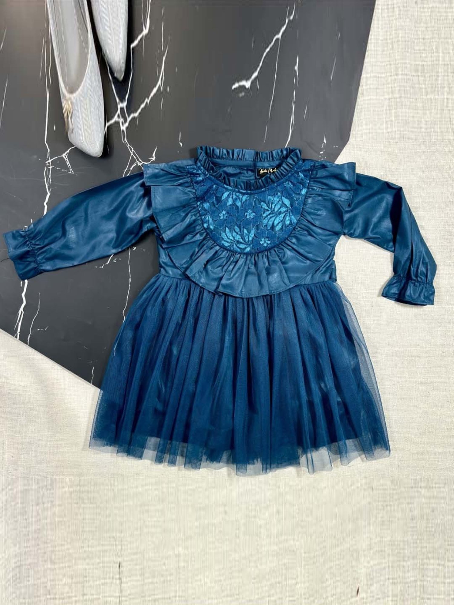 Bella Moda Kids Blue Embroidered Full Sleeves Dress
