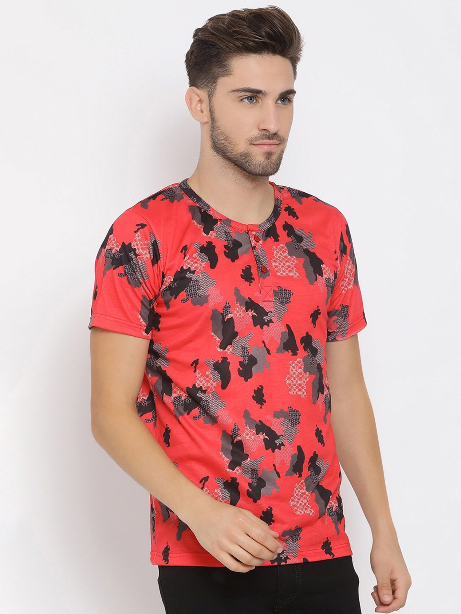 Hangup Plus Red Regular Fit Printed Henley T-Shirt