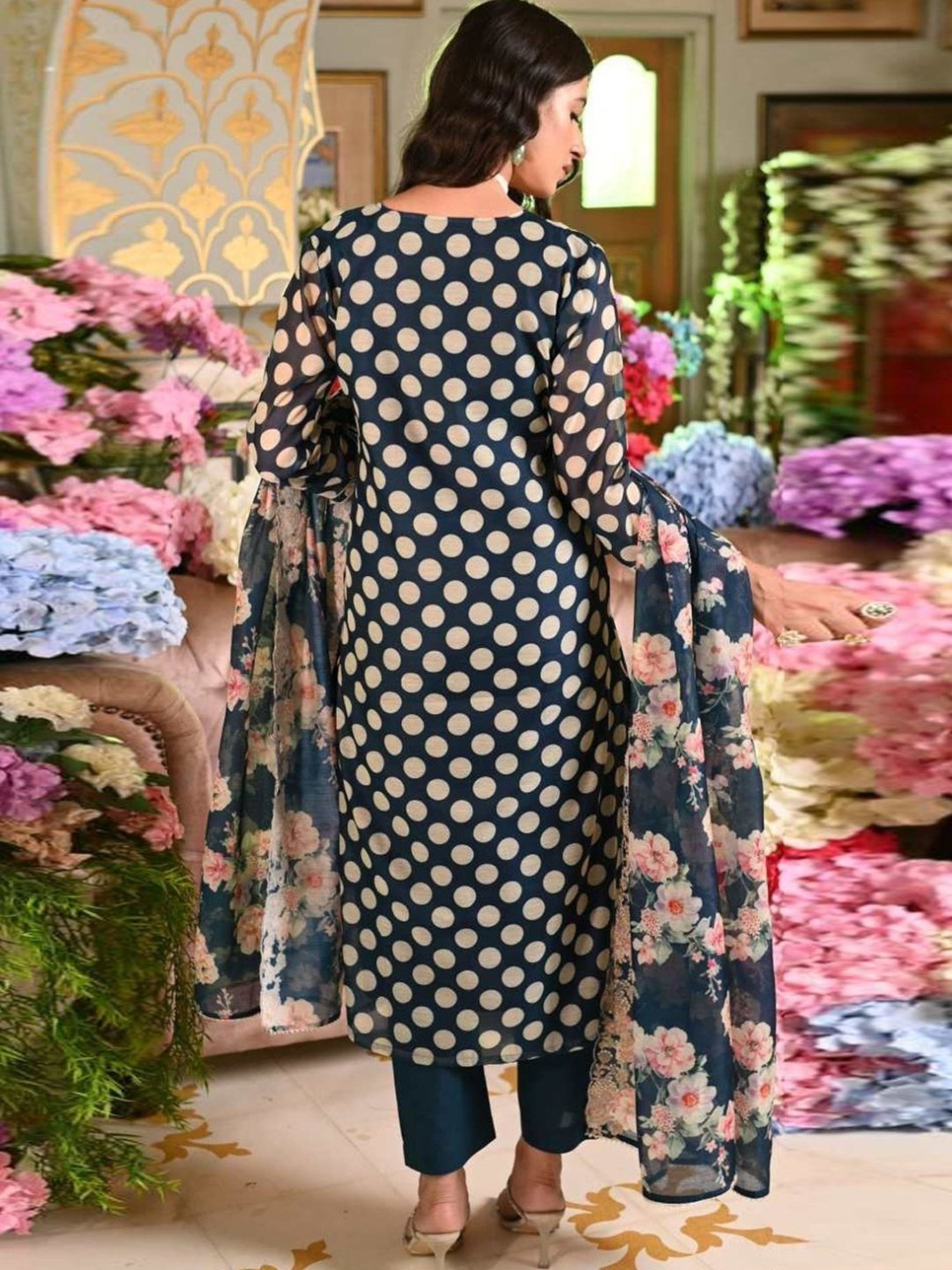 Mahee Jaipur Blue Polka Dot Chanderi Kurta with Pant and Dupatta