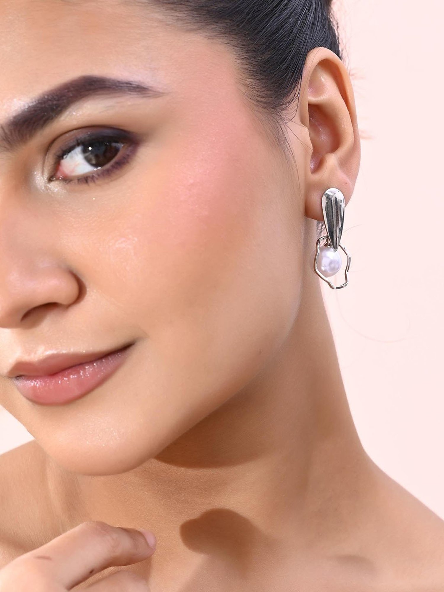 VOJ Silver-Plated Handcrafted Pearl Studded Korean Drop Earrings for Women