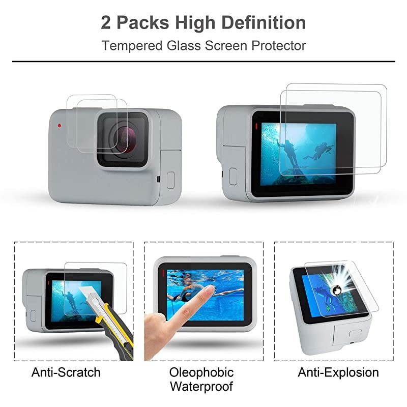 Accessories Kit for GoPro Hero 7 WhiteSilver Waterproof Housing+Tempered Glass Screen Protector+Carrying Case+Sleeve Case+Carabiner+AntiFog Inserts for Go Pro Hero 7WhiteSilver