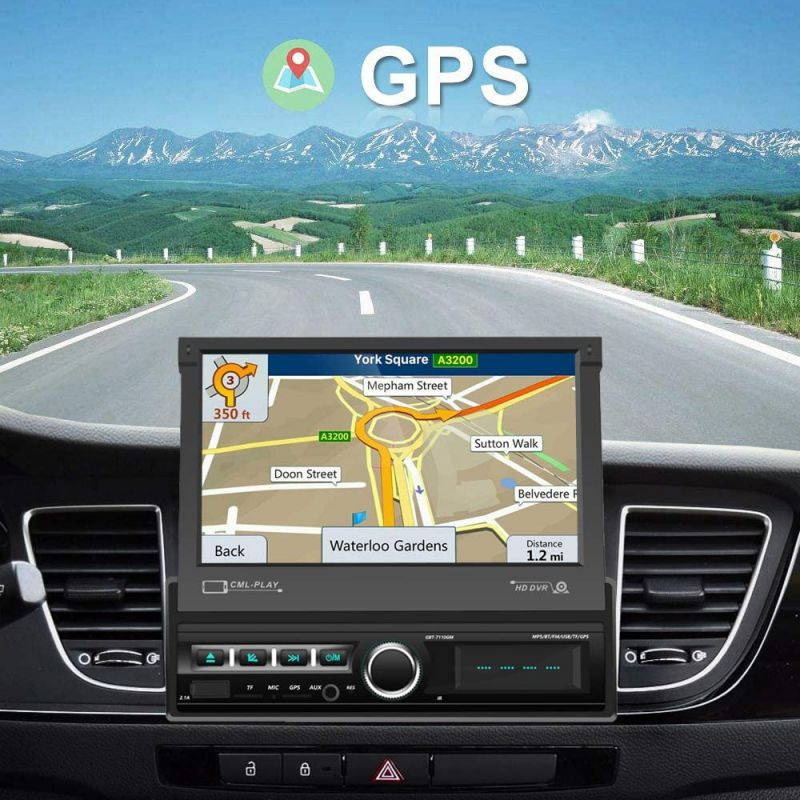 Single Din Car Stereo Navigation Car Radio 7" Motorized Touch Screen Bluetooth Head Unit Support GPS/FM Radio/AUX-in/USB/SD/Android iOS Mirror Link + 12 IR Car Backup Camera + Wireless Remote