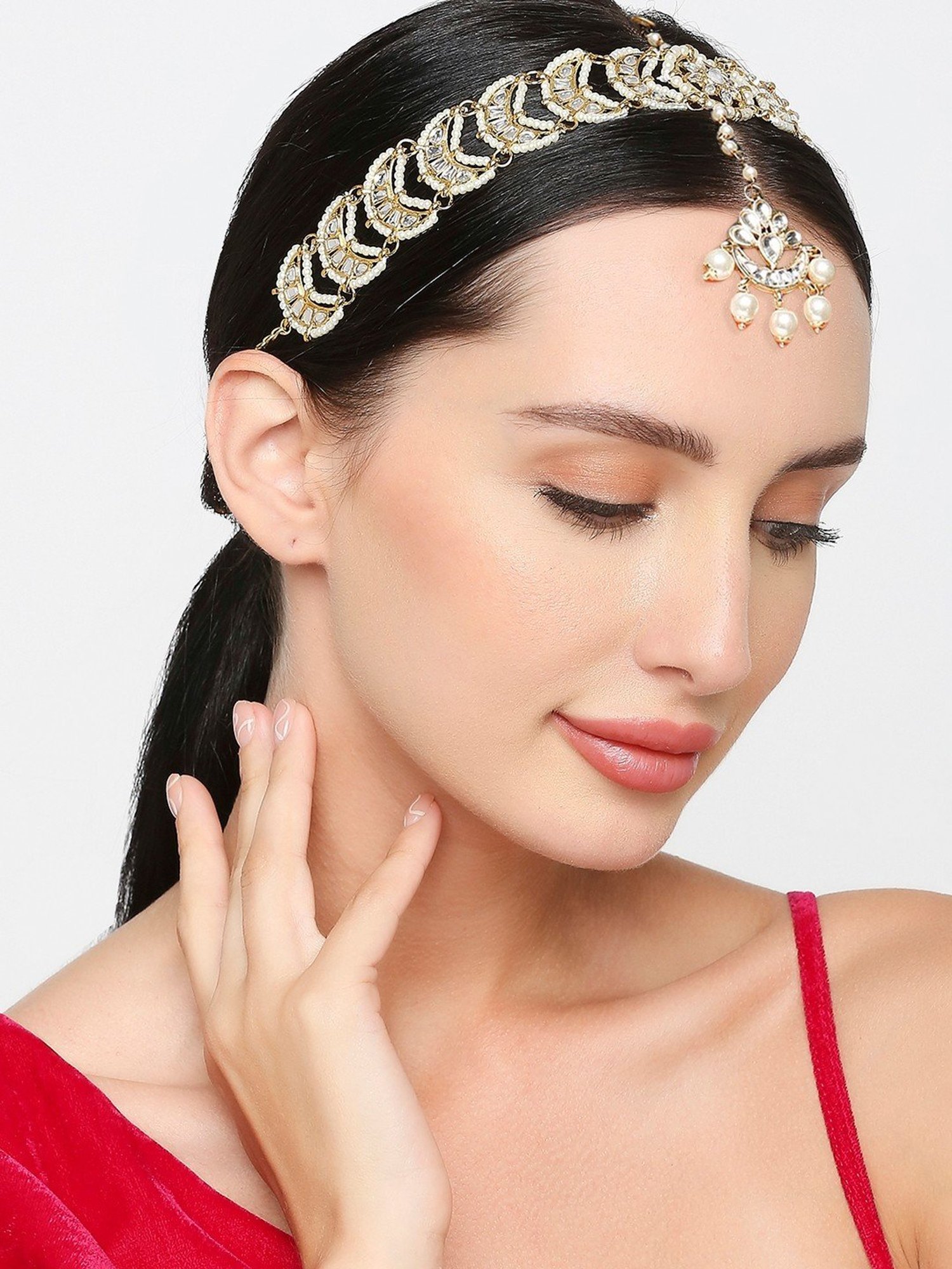 Oomph Gold Tone Kundan & Pearls Jadau Matha Patti & Maang Tikka - Set of 2