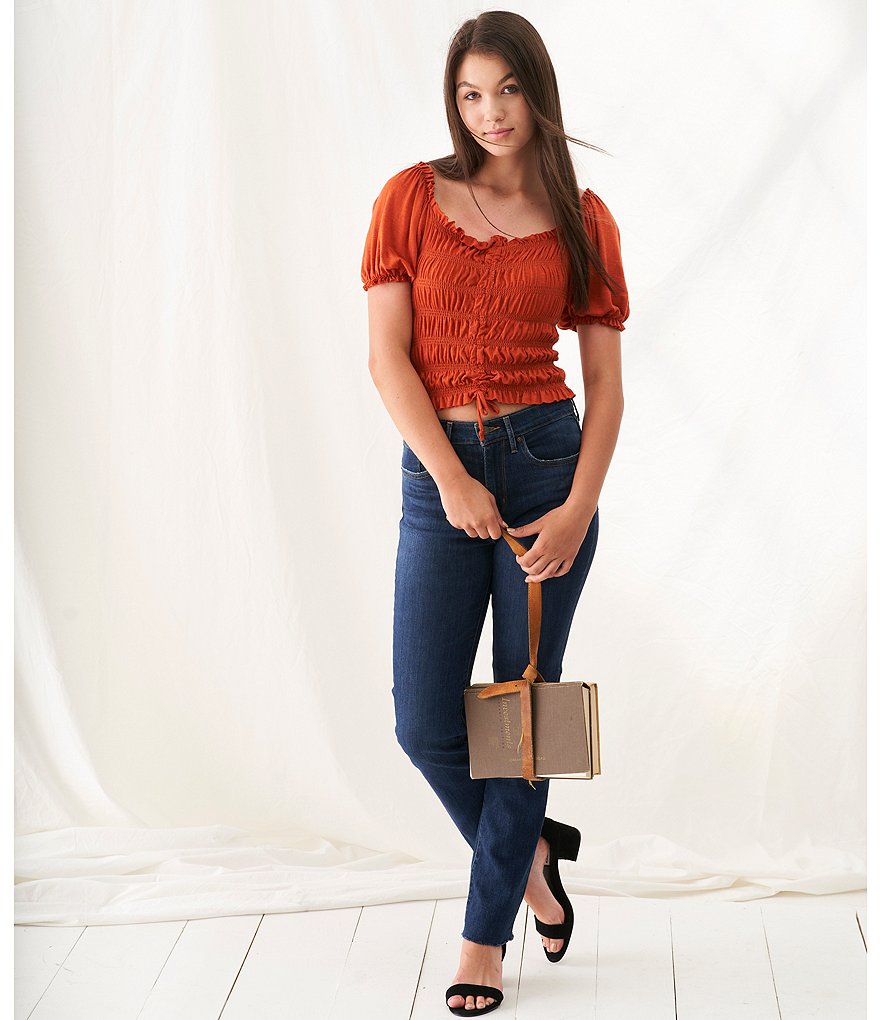 Evolutionary Short-Sleeve Cinch-Front Smocked Top