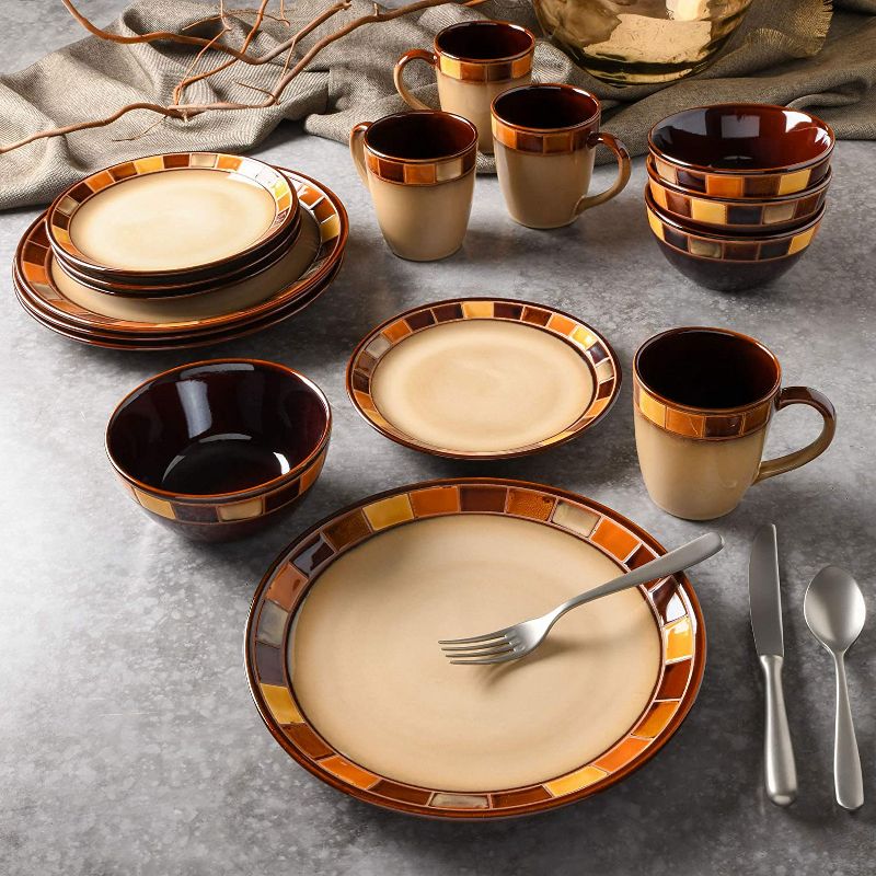 Gibson Elite Casa Estebana 16 Piece Reactive Glaze Durable Microwave and Dishwasher Safe Plates, Bowls, and Mugs Dinnerware Set, Brown and Beige