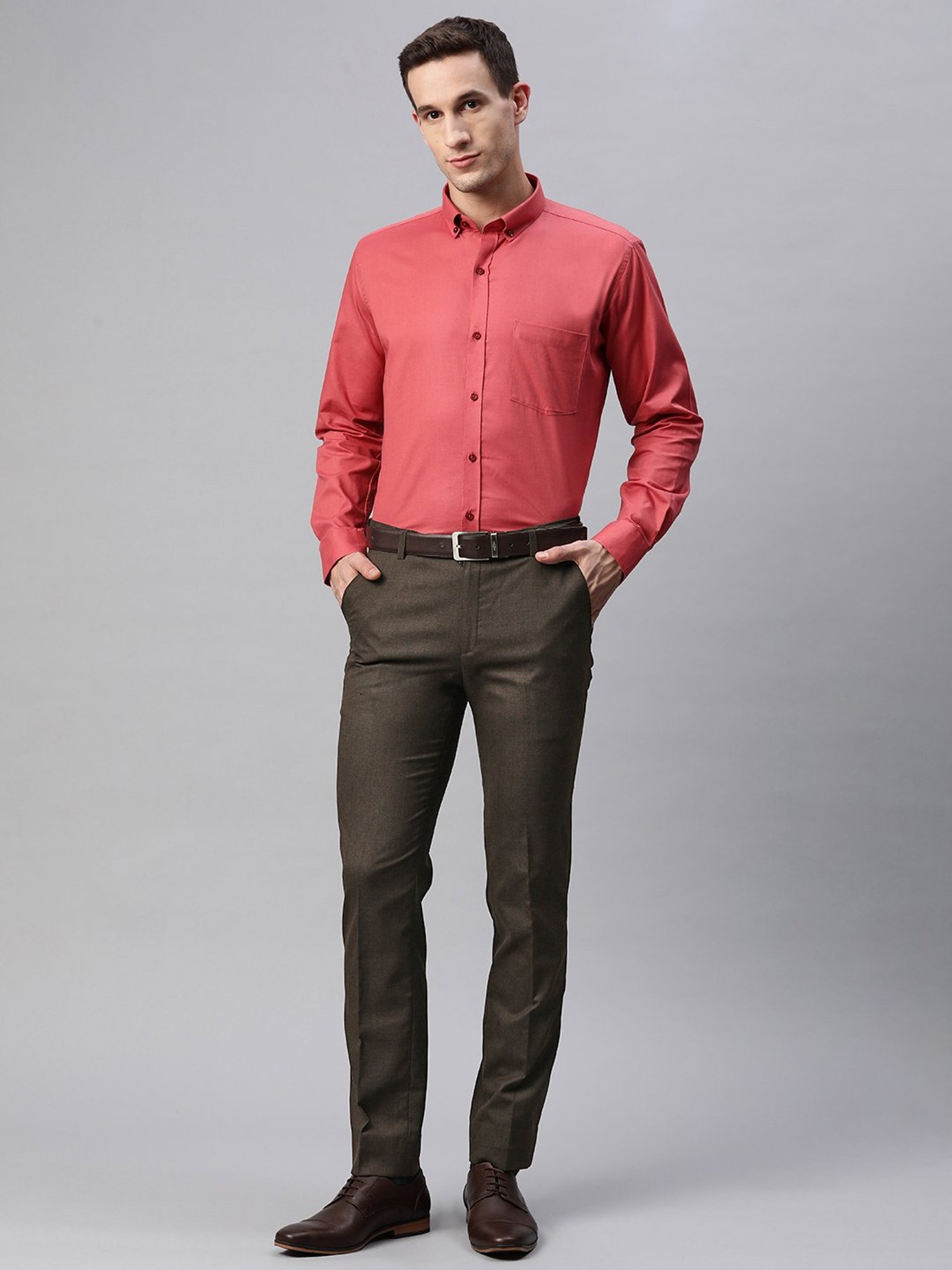 ManQ Dark Brown Slim Fit Flat Front Trousers