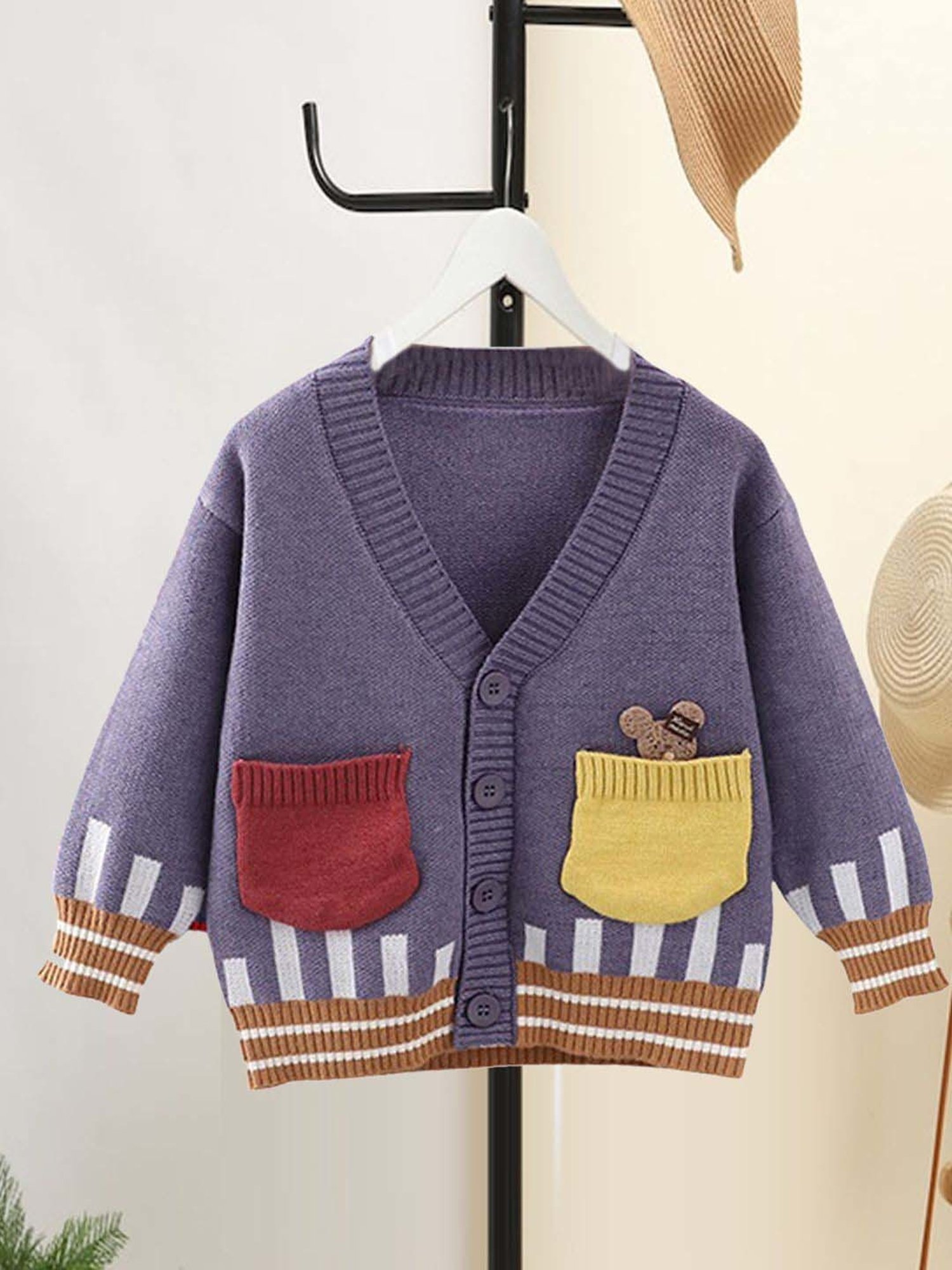 Little Surprise Box Purple Printed Full Sleeves Cardigan