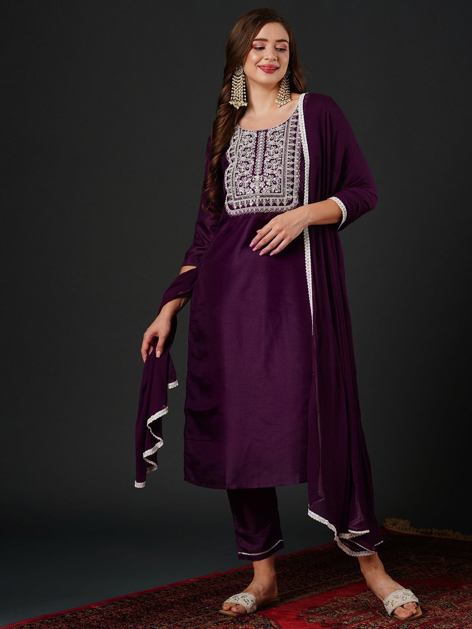Indo Era Purple Embroidered Kurta With Pant & Dupatta