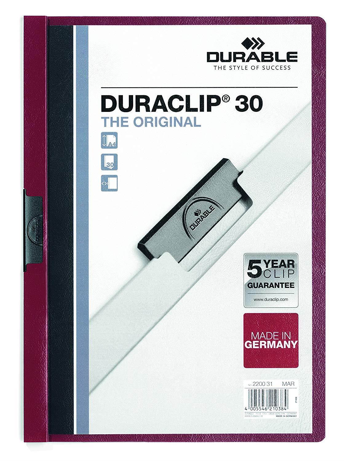 DURABLE Vinyl DURACLIP Report Cover, Letter, Holds up to 30 Pages, Clear/Maroon, 25 per Box (220331)