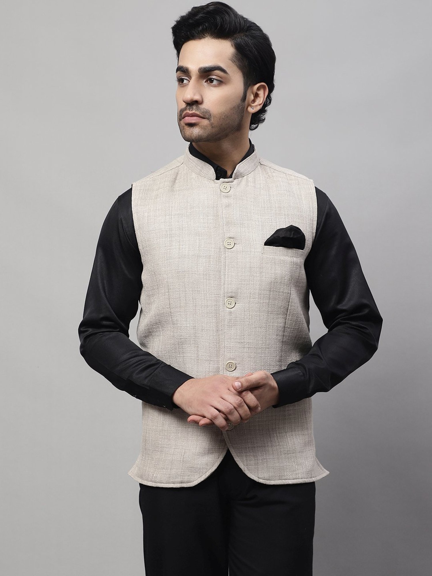 Even Beige Regular Fit Self Pattern Nehru Jacket