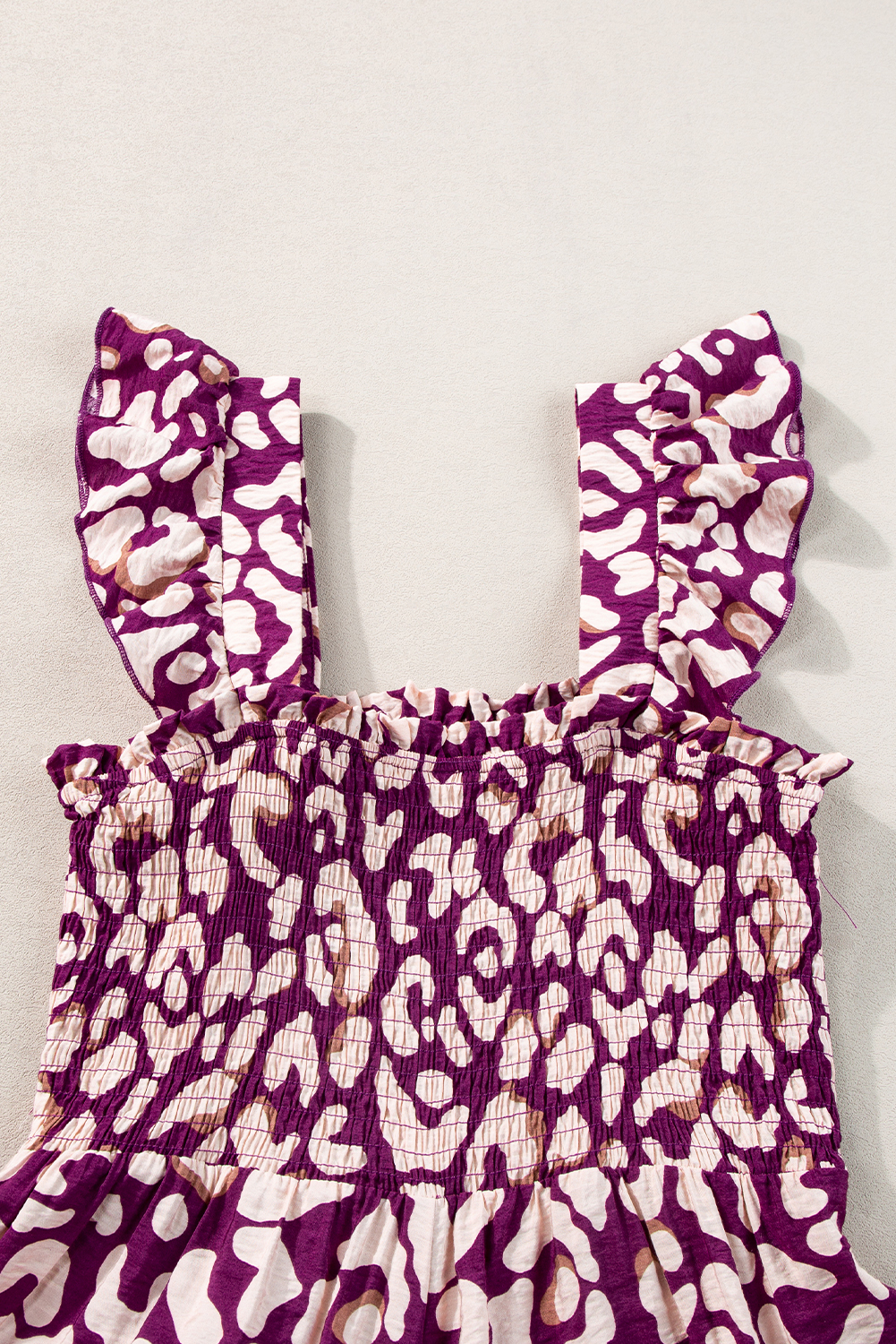 Rose Leopard Ruffle Straps Smocked High Waist Maxi Dress