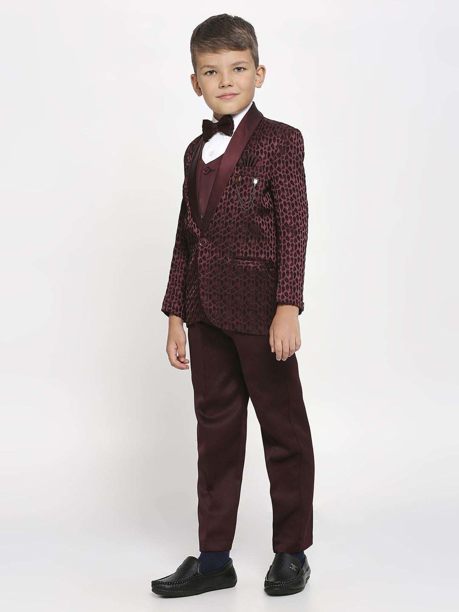 Kids Island Boys Maroon & White Jacquard Full Sleeves Suit Set